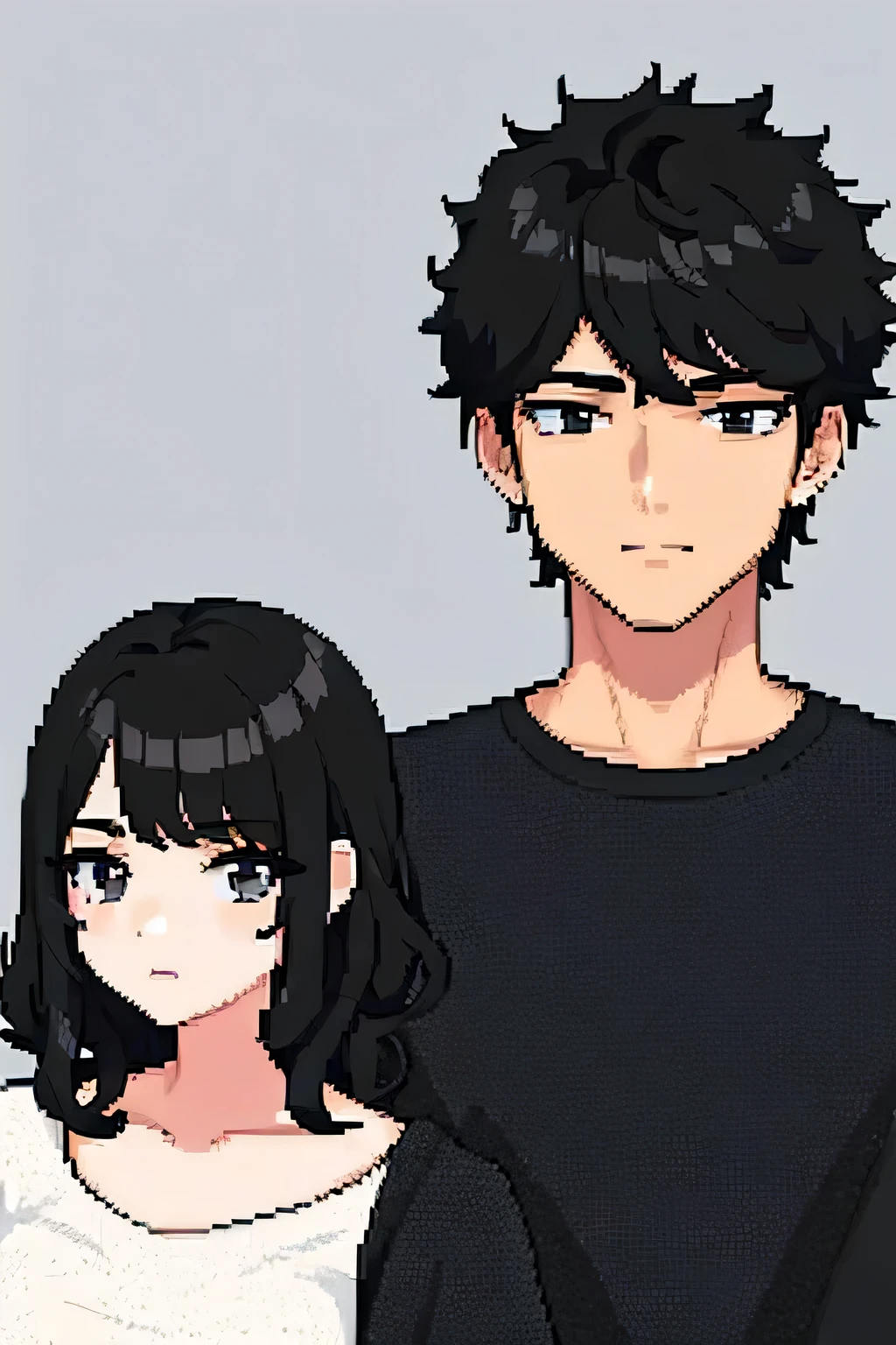 couple face, girl with black hair and black clothes, boy with short curly black hair