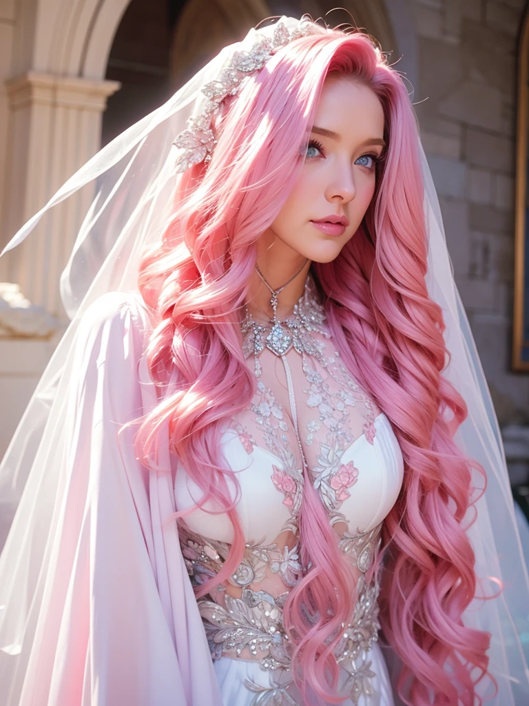 A woman, long curly hair, pink hair, blue eyes, wedding, white dress, Bride
