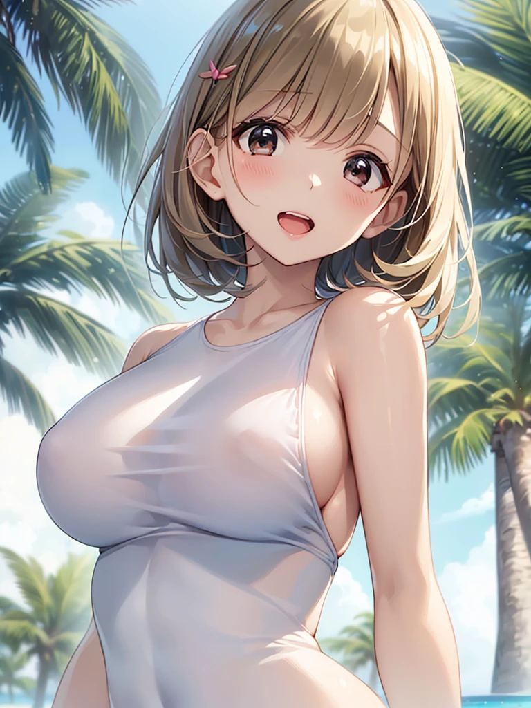  one young woman 、( open your mouth and laugh)、((masterpiece、 high definition 、16k))、((Very thin white swimsuit))、(Very close:1.5)、Tropical Beach、( concentrating on upper body :1.5)、( sexy pose:1.5)