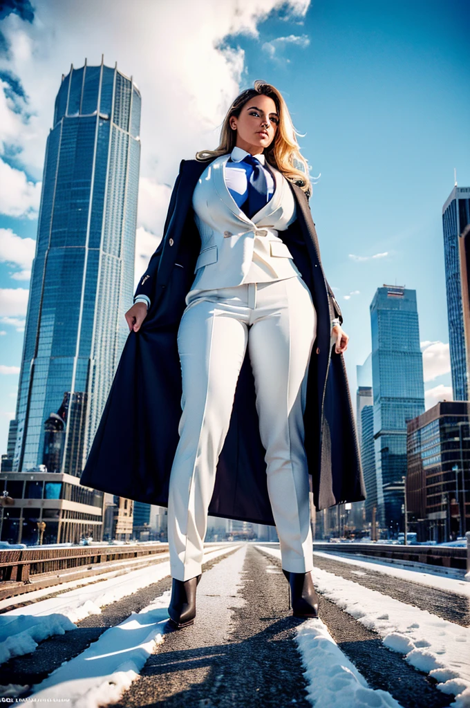 a 10 mile tall sophisticated and stylish curvy giantess in a pinstriped trouser suit, white shirt, and a large wide blue necktie with a really large windsor knot, wearing a warm winter coat on top of suit, with a beautiful, curvaceous figure, massive breasts, and blonde long wavey hair, with a curvaceous figure and massive breasts. wearing rounded high heels boots with uncovered feet and standing, viewed from below looking up at a giantess much bigger than skyscrapers in a rampage-like pose looking down at tiny city, with a cityscape background of mega-city, urban sprawl, and small towns, bright winters day, cloudy atmosphere, snow, The image is a high-resolution, masterpiece-quality, cinematic, ultra-detailed, and hyper-photorealistic photograph, with perfect hands, face, and lighting. ultra-detailed, 8K, photo-realistic, hyper-realistic, masterpiece, intricate details, full body view. Looking at camera, The image is a high-resolution, masterpiece-quality, cinematic, ultra-detailed, and hyper-photorealistic photograph, with perfect hands, face, and lighting. ultra-detailed, 8K, photo-realistic, hyper-realistic, masterpiece, intricate details, full body view