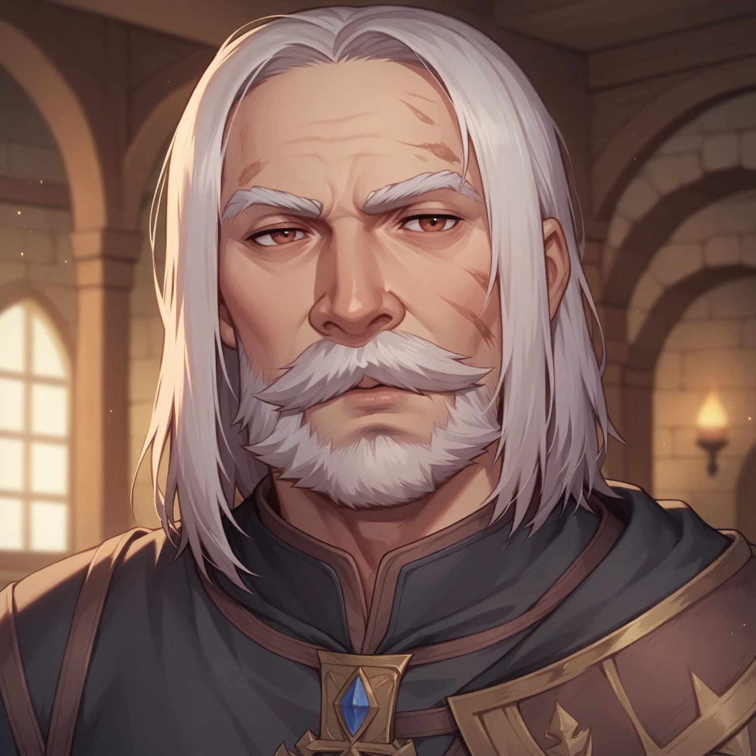 (((beautiful, high quality, detailed face))), score_9, score_8_up, score_7_up, BREAK, ((old man:1)), mustache, beard, medium hair, straight hair mage, dirty robes, mage robes, black cloak, solo, portrait, upper body, portrait, facing viewer, serious face, tired look, fantasy tavern, blurred background, Expressiveh, detailxl