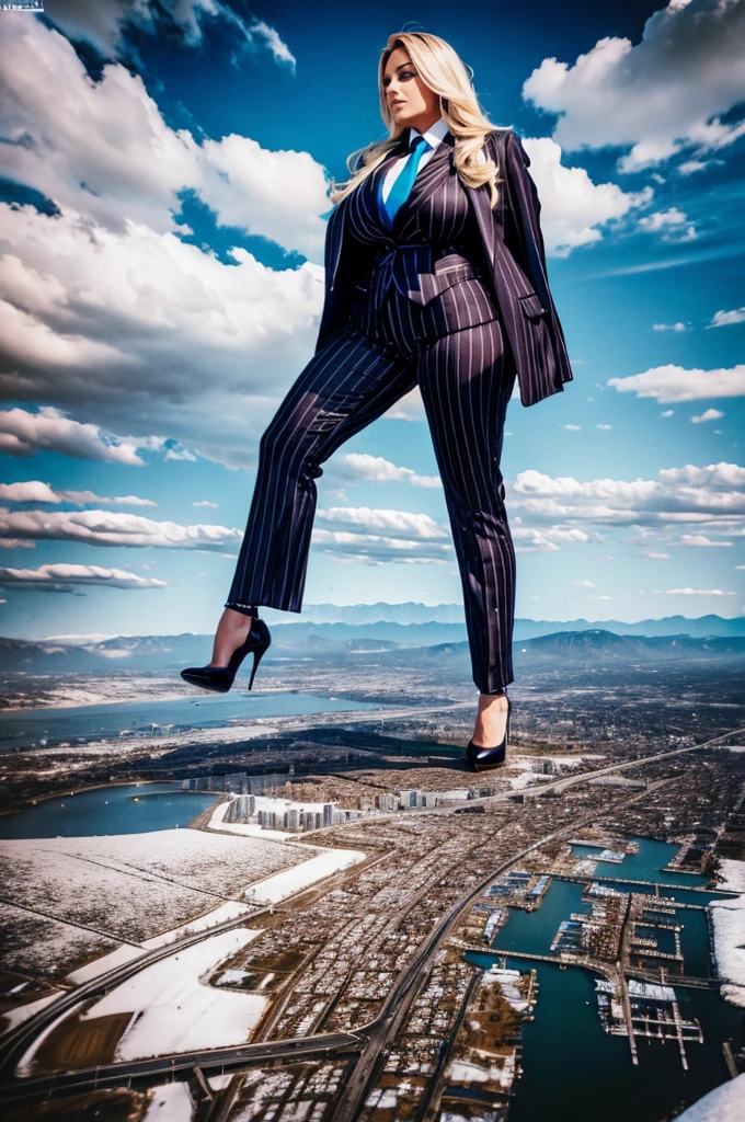 a 10 mile tall sophisticated and stylish curvy giantess in a pinstriped trouser suit, white shirt, and a large wide blue necktie with a really large windsor knot, wearing a warm winter coat on top of suit, with a beautiful, curvaceous figure, massive breasts, and blonde long wavey hair, with a curvaceous figure and massive breasts. wearing rounded high heels boots with uncovered feet and standing, viewed from below looking up at a giantess much bigger than skyscrapers in a rampage-like pose looking down at tiny city, with a cityscape background of mega-city, urban sprawl, and small towns, bright winters day, cloudy atmosphere, snow, The image is a high-resolution, masterpiece-quality, cinematic, ultra-detailed, and hyper-photorealistic photograph, with perfect hands, face, and lighting. ultra-detailed, 8K, photo-realistic, hyper-realistic, masterpiece, intricate details, full body view. Looking at camera, The image is a high-resolution, masterpiece-quality, cinematic, ultra-detailed, and hyper-photorealistic photograph, with perfect hands, face, and lighting. ultra-detailed, 8K, photo-realistic, hyper-realistic, masterpiece, intricate details, full body view