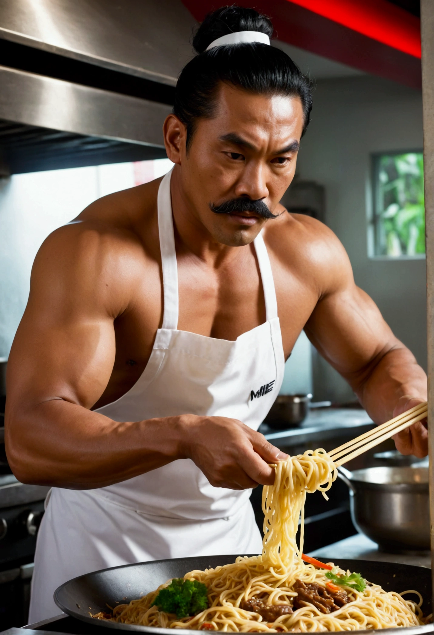 1980 portrait of BruceLee person as a fisherman in underwear pulling a new catch of spaghetti from the ocean, in Blade Runner, professional photography, Canon 5 0 mm, 4K, 2K, cinematic lighting, Masterpiece photography, Wes Anderson, film, Kodachrome, Polaroid.