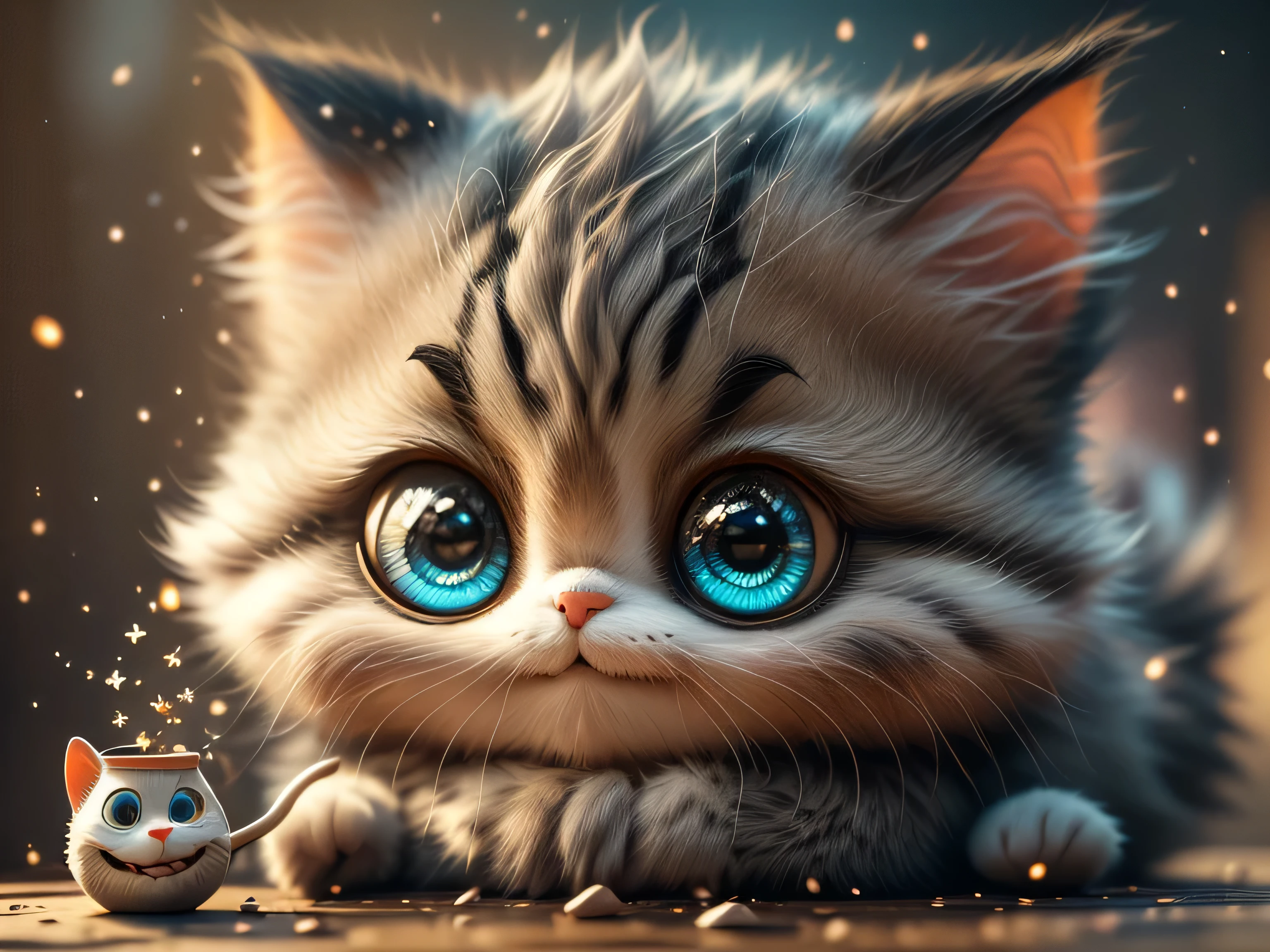 Magical Fantasy Creature, (Best Quality, Masterpiece, Representative Work, Official Art, Professional, Super Detailed, 8k:1.3), (Photorealism:1.2) Super Cute, Big Eyes, Soft, Soft Nose, Fluffy, Two-Toothed Smile, Cheshire Cat Holding a Cup, Realistic, Beautiful, Stars in Eyes, Soft Volumetric Light, (Backlight:1.3), (Cinematic:1.2), Intricate Details, (ArtStation:1.3), --auto --s2