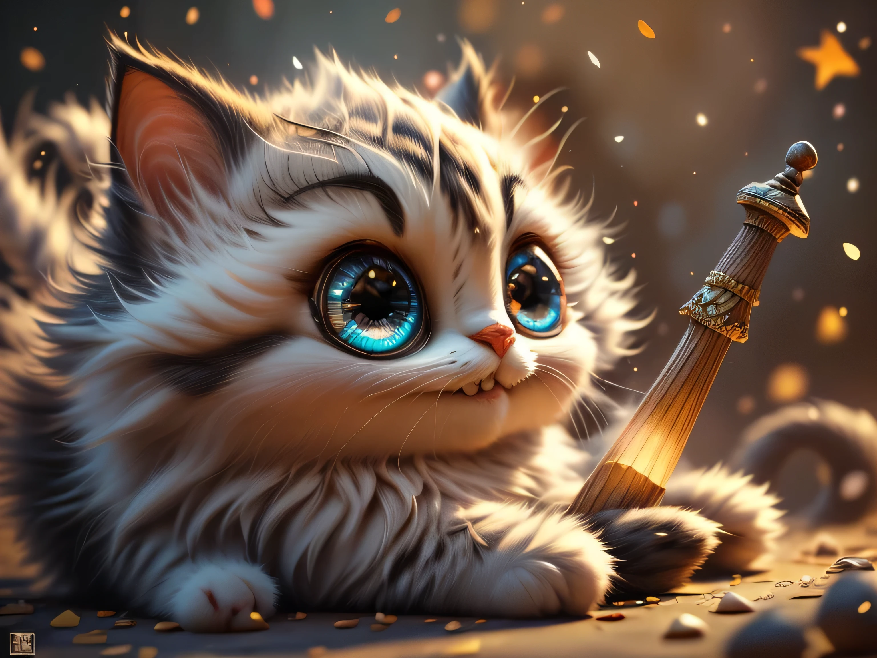 Magical Fantasy Creature, (Best Quality, Masterpiece, Representative Work, Official Art, Professional, Super Detailed, 8k:1.3), (Photorealism:1.2) Super Cute, Big Eyes, Soft, Soft Nose, Fluffy, Double-Toothed Smile, Cheshire Cat with Top Hat and Monocle, Realistic, Beautiful, Stars in Eyes, Soft Volumetric Light, (Backlight:1.3), (Cinematic:1.2), Intricate Details, (ArtStation:1.3), --auto --s2