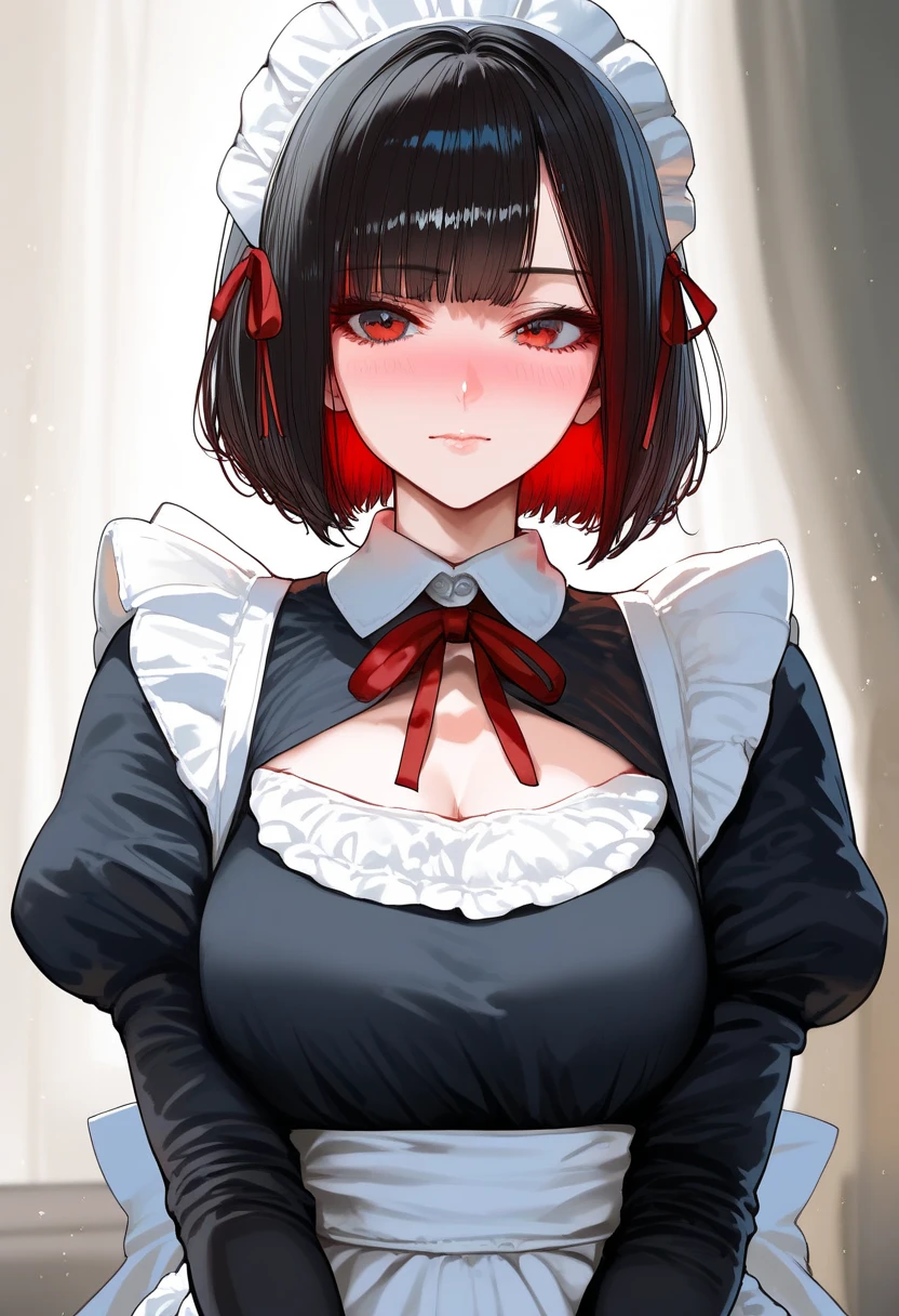 score_9, score_8_up, score_7_up, score_6_up, score_5_up,score_4_up, source_anime,1girl, solo, long hair, mature female, red eyes, maid, maid headdress, apron, black hair, red ribbon, ribbon, looking at viewer, upper body, colored inner hair, red hair, multicolored hair, long sleeves, closed mouth, short hair, puffy sleeves, bangs, dress, maid apron, blush, neck ribbon, black dress, juliet sleeves, white apron, two-tone hair, collared dress, hair ribbon, frills, bob cut, light particles, frilled apron, blurry