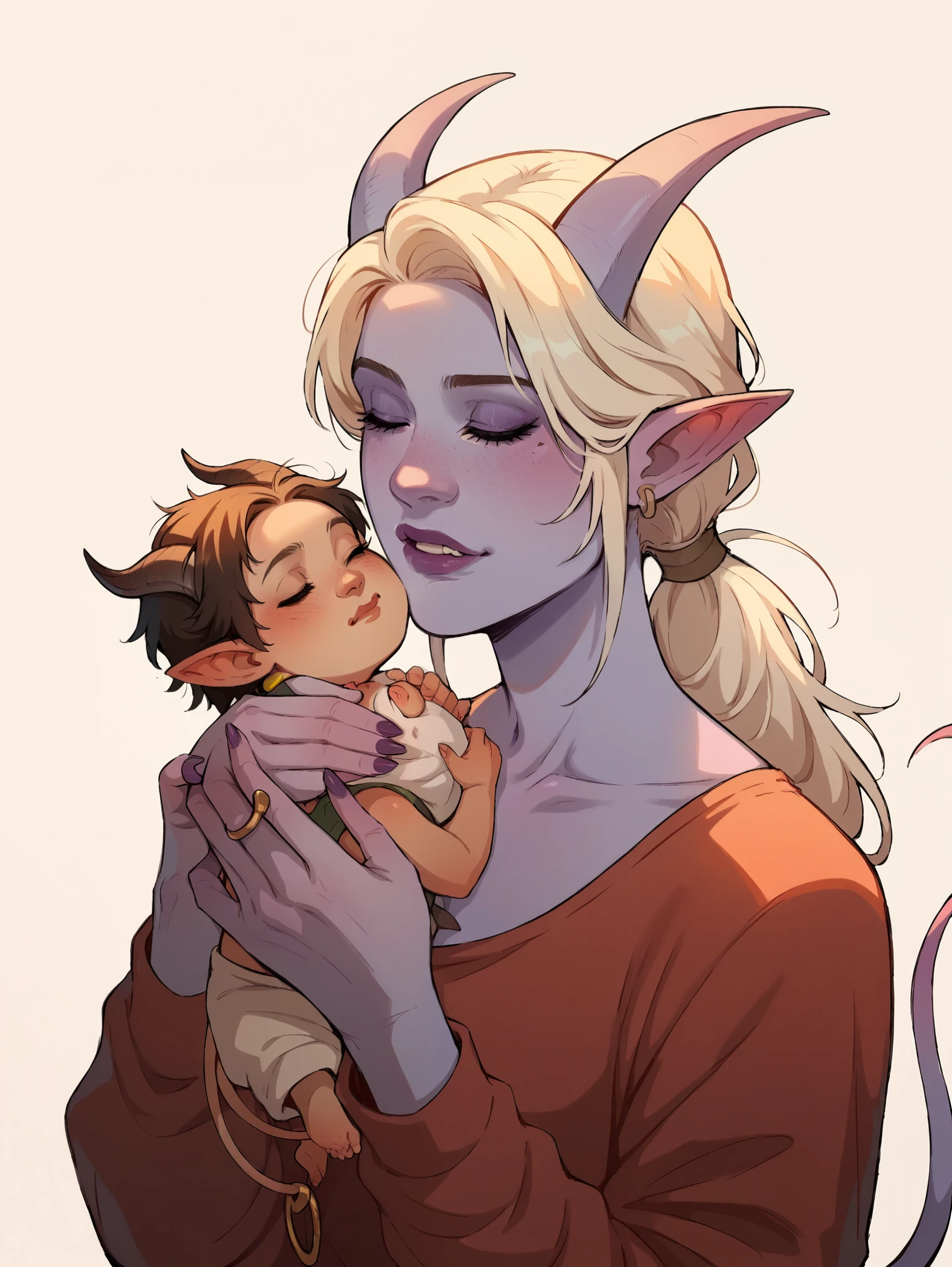 score_9, score_8_up, score_7_up, score_6_up, sw4p, 1girl, Tiefling woman holding a baby, mother and , tiefling horns, tiefling tail, simple background, elixolsn, motherhood, tender scene