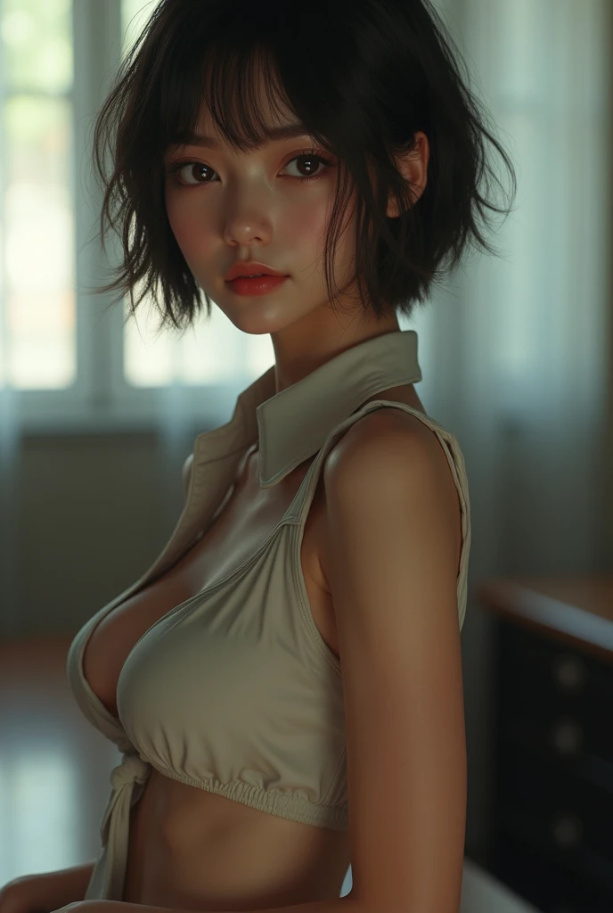 30 years old woman, (photorealistic:1.4, realistic), looking at viewer, (HQ skin:1.4), 8k uhd, dslr, soft lighting, high quality, film grain,cleavages, Fujifilm XT3, ((upper body shot:1.2)), (((black silk collared shirt))), ((simple background, black background)), ((black short hair))
