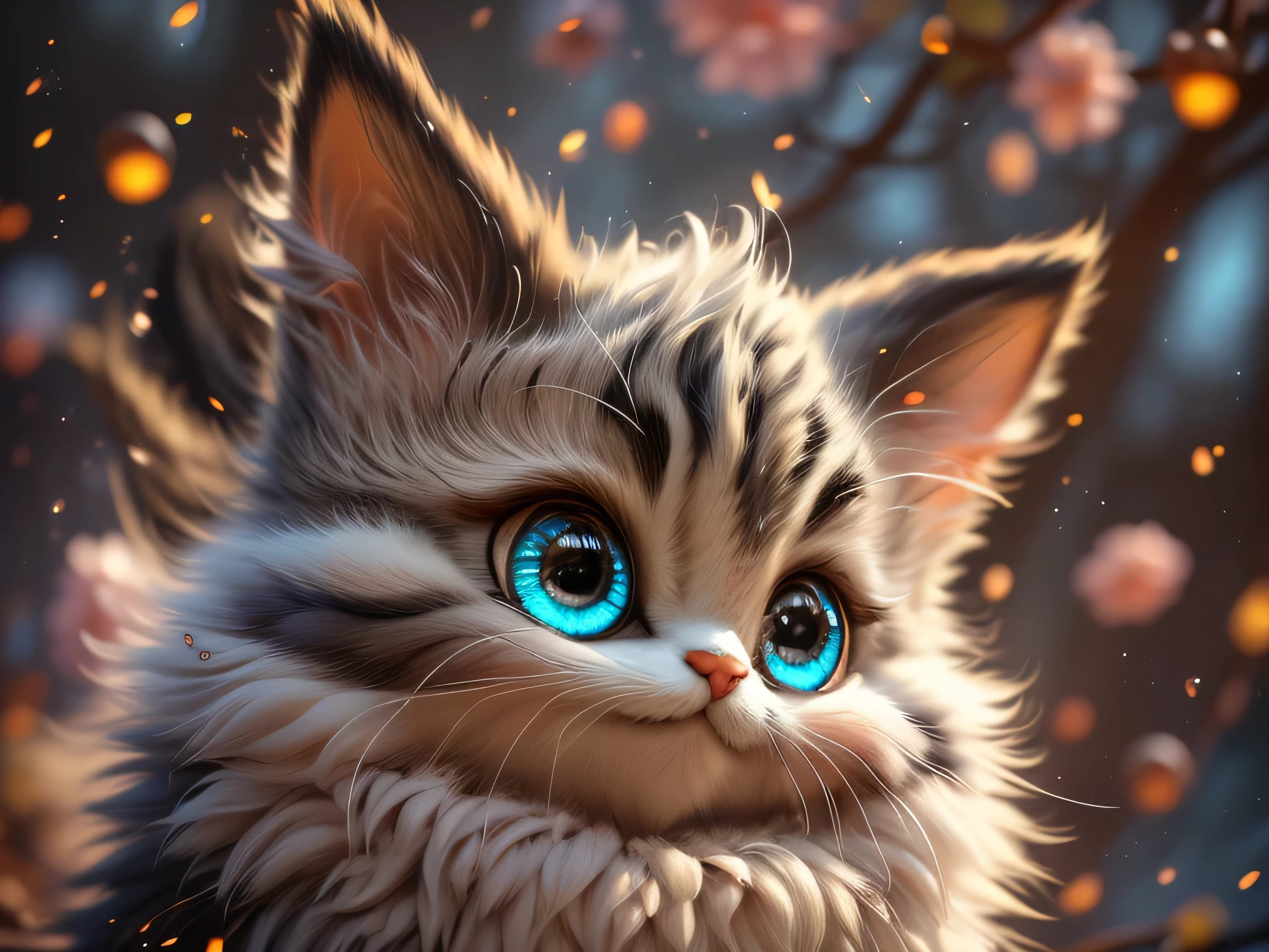 Magical Fantasy Creature, (Best Quality, Masterpiece, Representative Work, Official Art, Professional, Super Detailed, 8k:1.3), (Photorealism:1.2) Super Cute, Big Eyes, Soft, Soft Nose, Fluffy, Double-Toothed Smile, Cheshire Cat with Top Hat and Monocle, Realistic, Beautiful, Stars in Eyes, Soft Volumetric Light, (Backlight:1.3), (Cinematic:1.2), Intricate Details, (ArtStation:1.3), --auto --s2