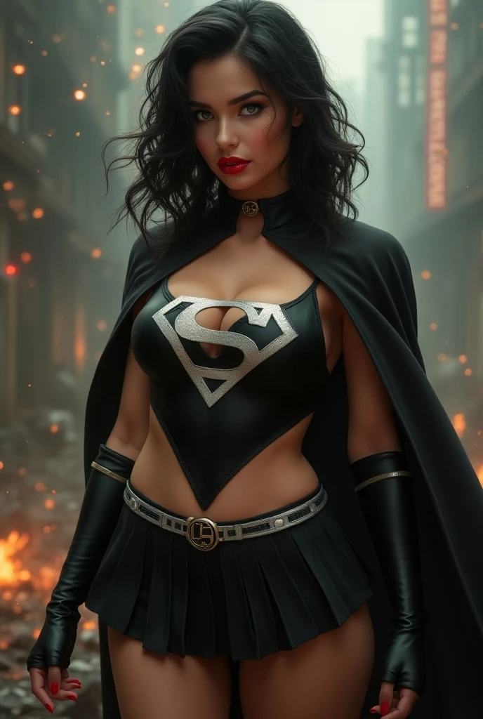 (Busty muscular brute cute Astria, huge strong biceps volume, huge firm breasts volume, enormous tits volume, strong tonned exposed abs, muscular strong legs, bodybuilder muscles bursting in strength, exposed abs skin, city destruction fire background, tight grey latex suit, black bikini on top of grey suit, black cape, short black haircut