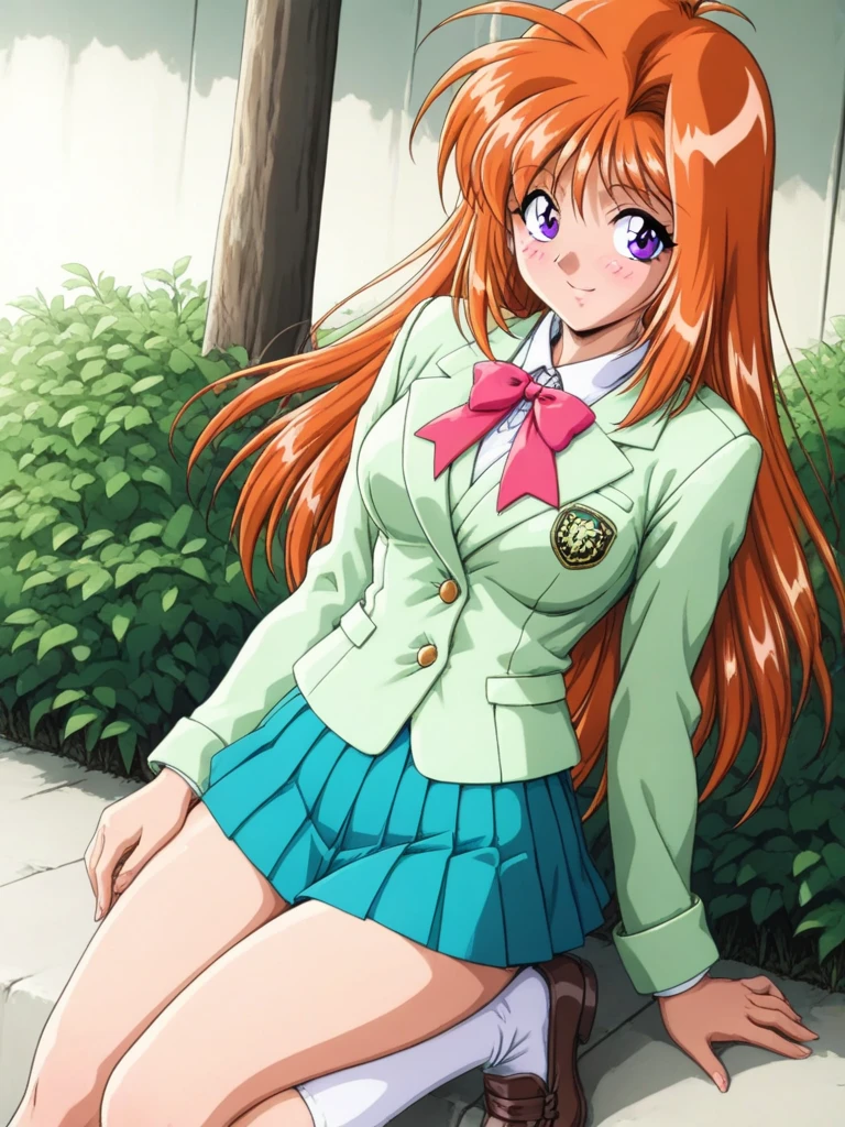 masterpiece, best quality, SaekiRuruna, 1girl, solo, long hair, orange hair, purple eyes, medium breasts, antenna hair, porcelain skin, smile, blush, 1990s \(style\), School Uniform,blazer,jacket, Collared shirt,Long sleeves,large midium brests,mini skirt,Pleated Skirt,White socks,loafers, outdoor,