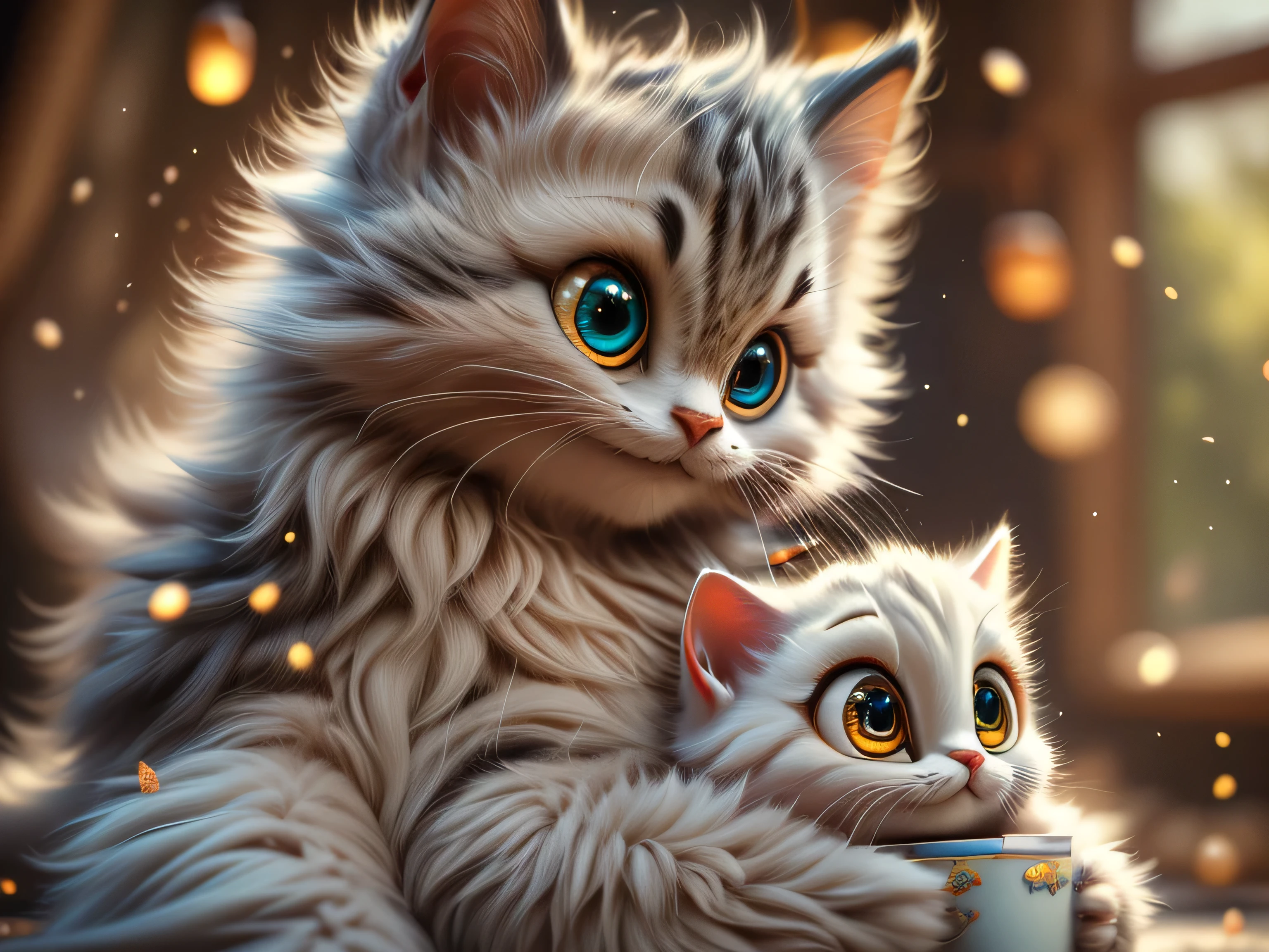 Magical Fantasy Creature, (Best Quality, Masterpiece, Representative Work, Official Art, Professional, Super Detailed, 8k:1.3), (Photorealism:1.2) Super Cute, Big Eyes, Soft, Soft Nose, Fluffy, Two-Toothed Smile, Cheshire Cat Holding a Cup, Realistic, Beautiful, Stars in Eyes, Soft Volumetric Light, (Backlight:1.3), (Cinematic:1.2), Intricate Details, (ArtStation:1.3), --auto --s2