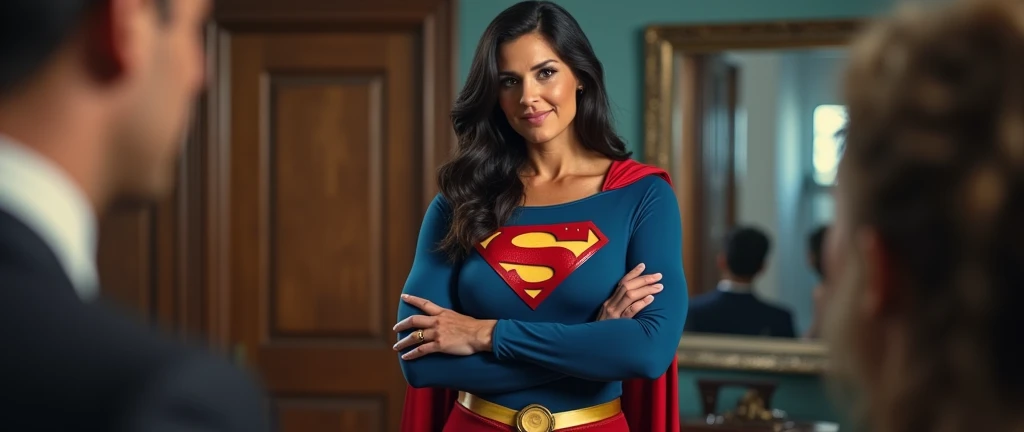 (((very beautiful old Supergirl (((1980s Superman costume))) Julie Hagerty(((dark-haired, large-breasted woman in her 50s)))) Super woman Julie Hagerty; confident, powerful, indestructible, attractive; big and firm chest; strong breasts; arms crossed, arrancando uma arvore do chão(superforça); arms of a strong woman. HD. Photograph, ((realism)), extremely high quality RAW photograph, ultra detailed photograph, sharp focus, high resolution, (detailed skin:1,3),high quality, film grain, Fujifilm XT3,Highly Detailed, movie, (Cinematic Photo:1.3) of (Realistic:1.3)