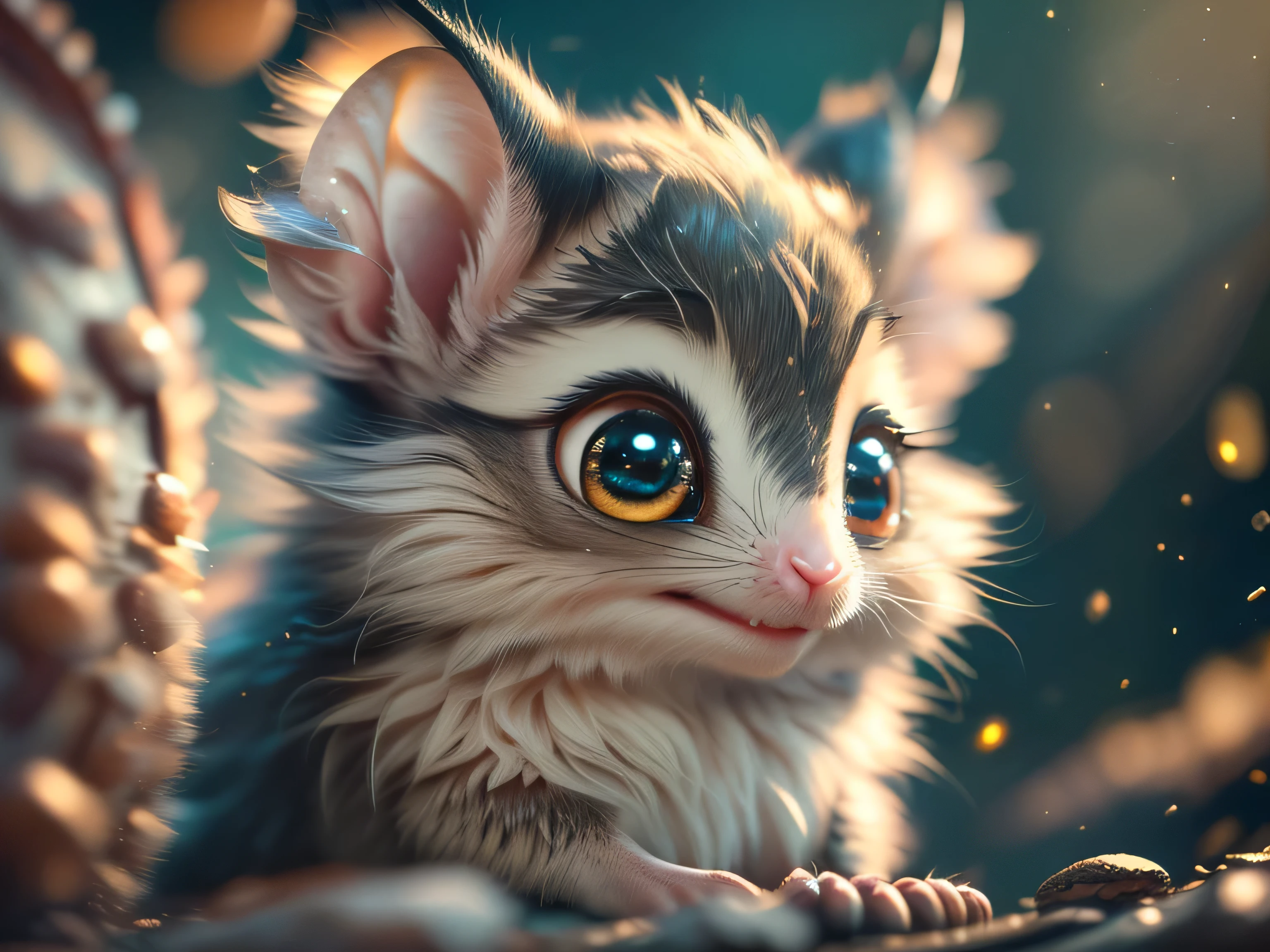 Magical Fantasy Creature, (Best Quality, Masterpiece, Representative Work, Official Art, Professional, Super Detailed, 8k:1.3), (Photorealism:1.2) Super Cute, Big Eyes, Soft, Soft Nose, Fluffy, Two-Toothed Smile, Bat Mouse, Realistic, Beautiful, Stars in Eyes, Soft Volumetric Light, (Backlight:1.3), (Cinematic:1.2), Intricate Details, (ArtStation:1.3), --auto --s2