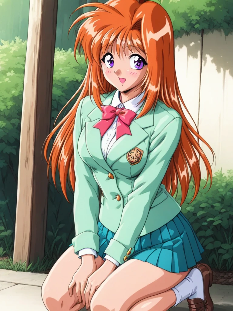 masterpiece, best quality, SaekiRuruna, 1girl, solo, long hair, orange hair, purple eyes, medium breasts, antenna hair, Fruitfulness, smile, blush, 1990s \(style\), School Uniform,blazer,jacket, Collared shirt,Long sleeves,large midium brests,mini skirt,Pleated Skirt,White socks,loafers, outdoor,