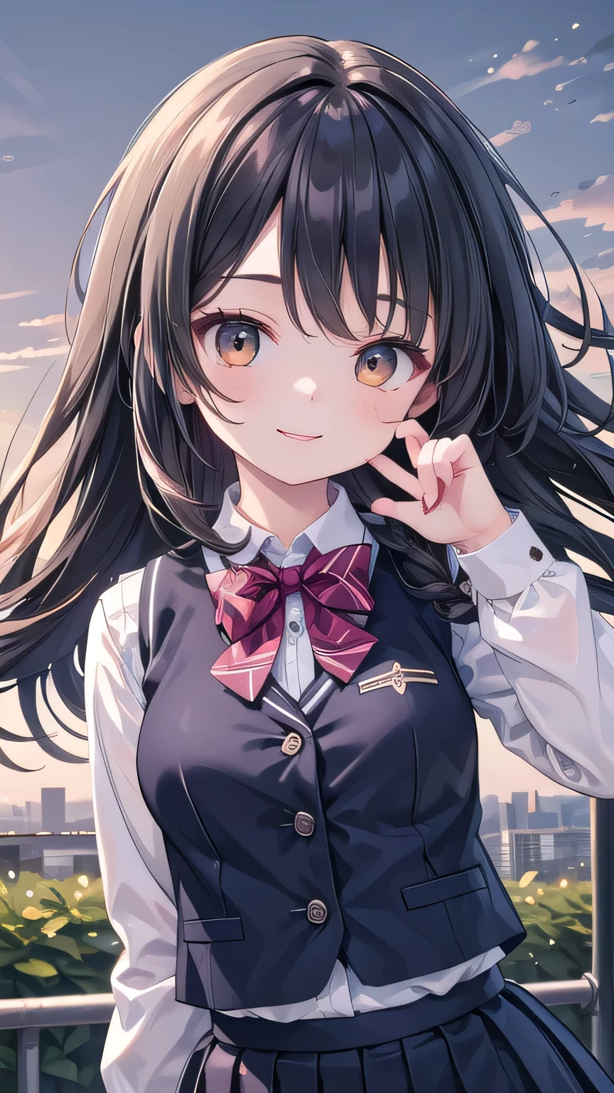 (masterpiece、Highest quality、Very detailed))、One girl、Black Hair、Long Hair、Straight bangs、Grey Eyes、evil smile、((Grin))、((lots of piercings))、((Small breasts))、((cardigan))、((A black pleated skirt fluttering in the wind))、((micro miniskirt))、((white panties))、Cowboy Shot、Pretend、Turning your butt off、Shoot from behind、City Background