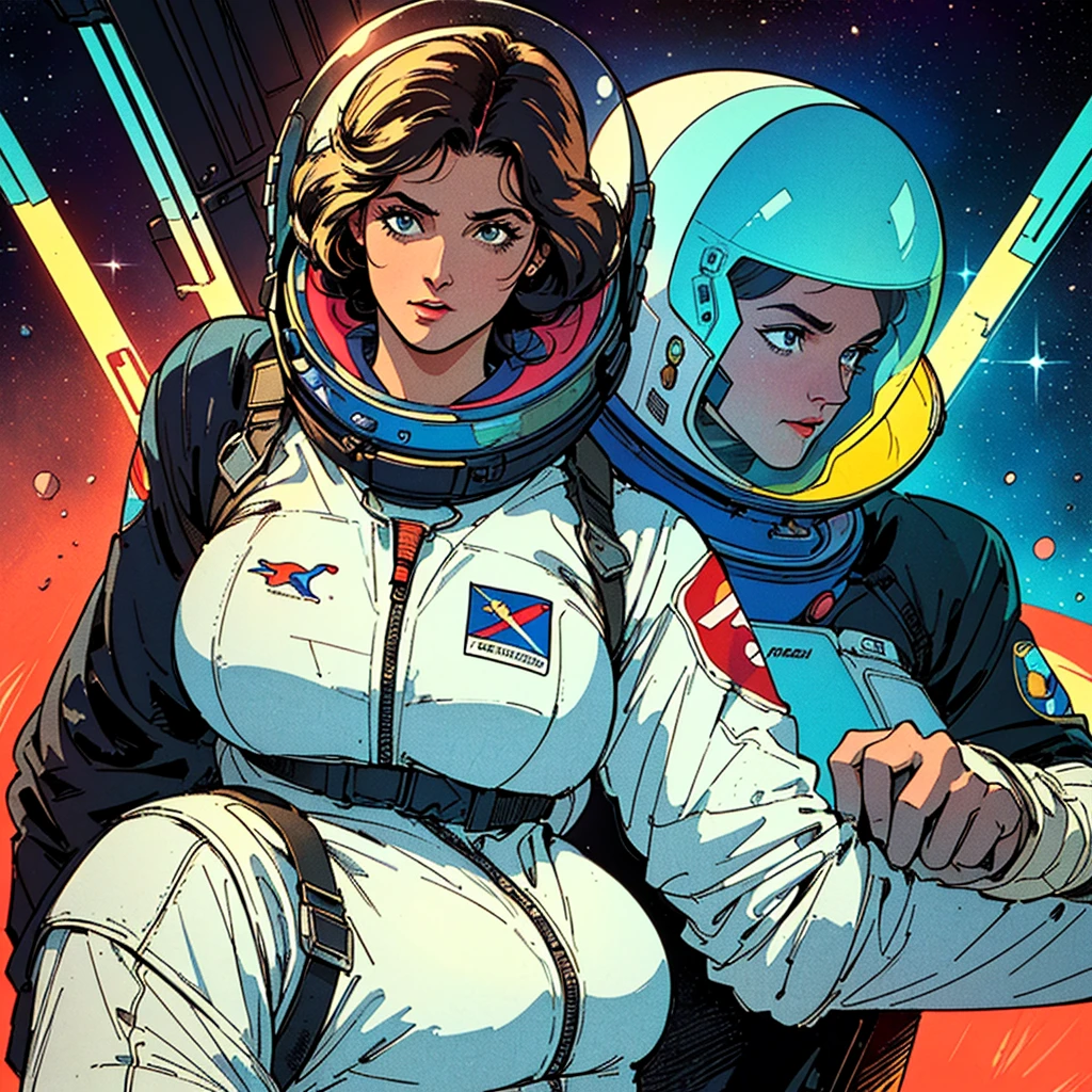 ((( Best Quality Masterpiece ))),(((Absolutely one woman))),(spacesuit that emphasizes cleavage ),((( 70s and 80s space thriller movie posters))),( American Comics ),((( retro vintage style ))),Overwhelmingly complex depiction,Absolute machine group background, futuristic cyberpunk ,Extremely accurate and delicate depiction,