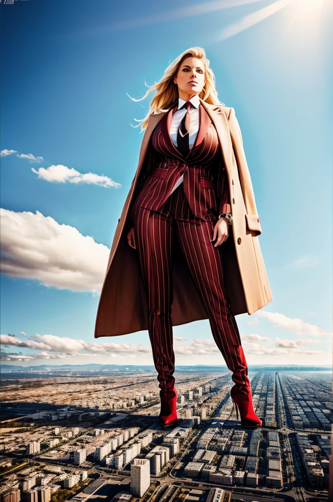 a 10 mile tall sophisticated and stylish curvy giantess in a pinstriped trouser suit, white shirt, and a large wide crimson necktie with a really large windsor knot, wearing a warm winter coat on top of suit, with a beautiful, curvaceous figure, massive breasts, and blonde long wavey hair, with a curvaceous figure and massive breasts. wearing rounded high heels boots with uncovered feet and standing, viewed from below looking up at a giantess much bigger than skyscrapers in a rampage-like pose looking down at tiny city, with a cityscape background of mega-city, urban sprawl, and small towns, bright winters day, cloudy atmosphere, snow, The image is a high-resolution, masterpiece-quality, cinematic, ultra-detailed, and hyper-photorealistic photograph, with perfect hands, face, and lighting. ultra-detailed, 8K, photo-realistic, hyper-realistic, masterpiece, intricate details, full body view. Looking at camera, The image is a high-resolution, masterpiece-quality, cinematic, ultra-detailed, and hyper-photorealistic photograph, with perfect hands, face, and lighting. ultra-detailed, 8K, photo-realistic, hyper-realistic, masterpiece, intricate details, full body view