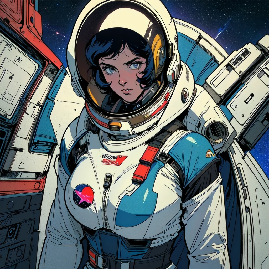 ((( Best Quality Masterpiece ))),(((Absolutely one woman))),(spacesuit that emphasizes cleavage ),((( 70s and 80s space thriller movie posters))),( American Comics ),((( retro vintage style ))),Overwhelmingly complex depiction,Absolute machine group background, futuristic cyberpunk ,Extremely accurate and delicate depiction,