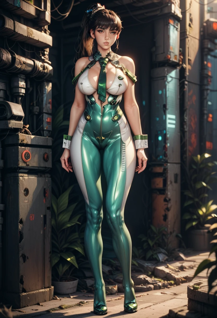 eve (stellar_blade), solo, bodysuit, necktie, abandoned cyberpunk city overgrown with plants, standing, looking at viewer, shiny clothes, skin tight, full body, bare shoulders, lips, green necktie, large breasts, cleavage, wrist cuffs, shiny, sleeveless, high heels, BREAK , zPDXL, score_9, score_8_up, score_7_up, score_6_up, score_5_up, score_4_up, high Resolution, 

