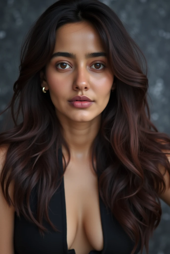 A close-up shot of a woman neha with long dark brown hair, a black sleeveless blouse with a cutout in the center of her chest is visible. Her eyes are wide open, and her lips are pink. The backdrop is a dark gray, and the woman's hair cascades over her shoulders.