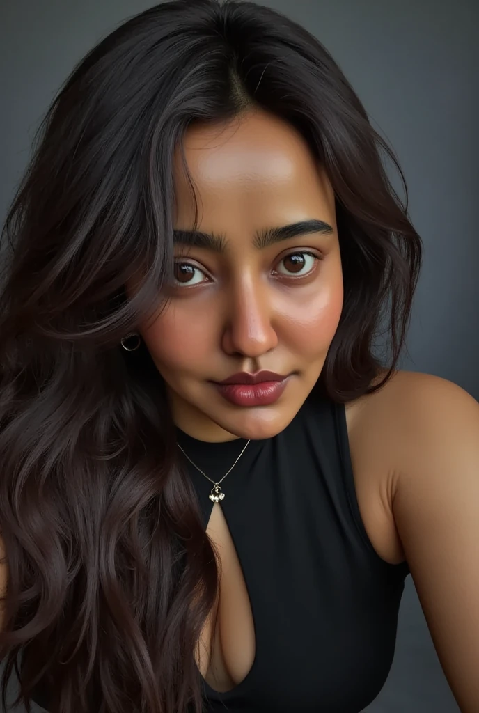 A close-up shot of a woman neha with long dark brown hair, a black sleeveless blouse with a cutout in the center of her chest is visible. Her eyes are wide open, and her lips are pink. The backdrop is a dark gray, and the woman's hair cascades over her shoulders.
