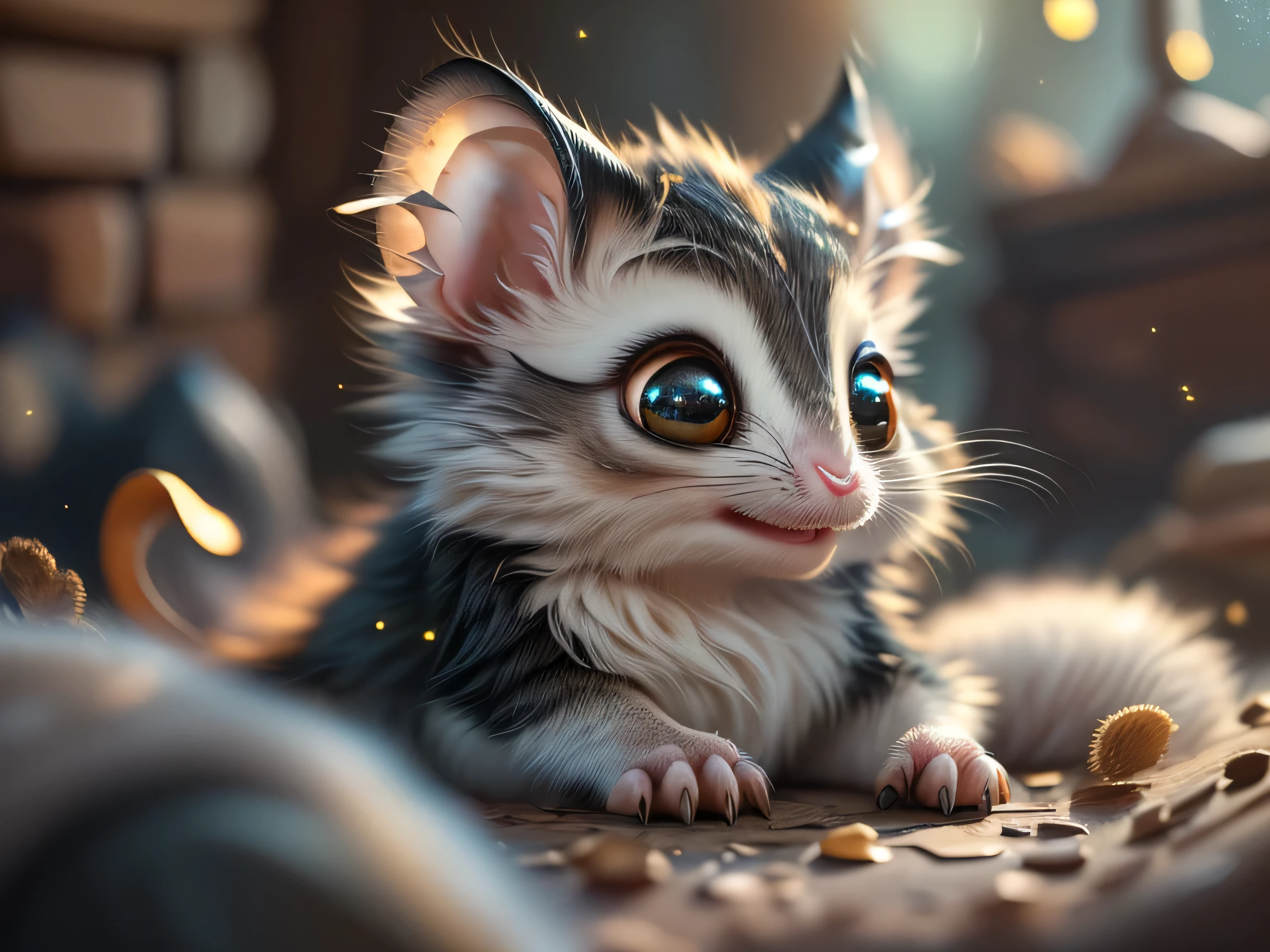 Magical Fantasy Creature, (Best Quality, Masterpiece, Representative Work, Official Art, Professional, Super Detailed, 8k:1.3), (Photorealism:1.2) Super Cute, Big Eyes, Soft, Soft Nose, Fluffy, Two-Toothed Smile, Bat Mouse, Realistic, Beautiful, Stars in Eyes, Soft Volumetric Light, (Backlight:1.3), (Cinematic:1.2), Intricate Details, (ArtStation:1.3), --auto --s2