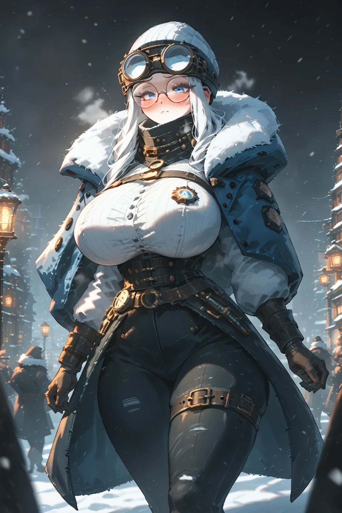 1girl, blushing, deep blush, frost punk, snow, very short, short stack, Woman, brass goggles, heavy coat, Steampunk, White Hair, frostpunkfaction, huge breasts, blue eyes, round glasses, popped collar, thick, curvy, hyperass, huge thighs, stalwart, snowstorm, whiteout snowstorm Victorian city, frost punk, Woman, brass goggles on head, Steampunk, White Hair, frostpunk, frostpunkfaction, huge breasts, boob belt, chest belt, whiteout snow, high collar, blue eyes, round glasses, long pants, thick, curvy, scarf, engineer, overalls, heavy coat, machinist, portable generator, tubes, many layers, pilgrim, stalwart