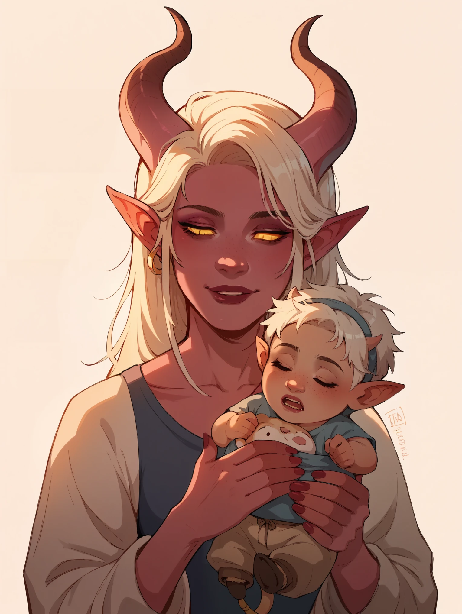 score_9, score_8_up, score_7_up, score_6_up, sw4p, 1girl, Tiefling woman holding a baby, mother and , tiefling horns, tiefling tail, simple background, elixolsn, motherhood, tender scene