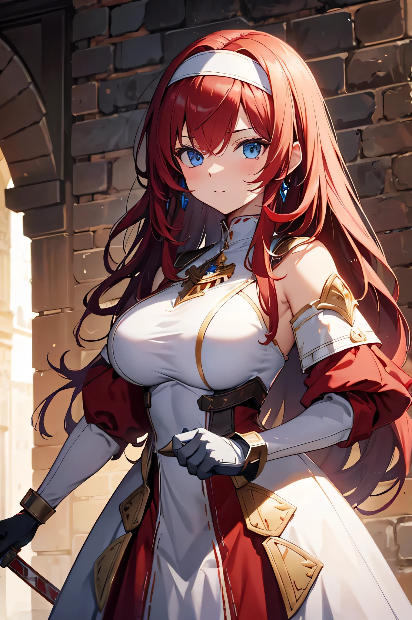 4K, high definition ,One Woman, red hair, long hair,Blue Eyes, huge boobs,knight,White Armor,Red Dress,Heavy Armor,Sleeveless, White Armor Gloves, headband, longsword ,Jewelry decoration,Medieval town