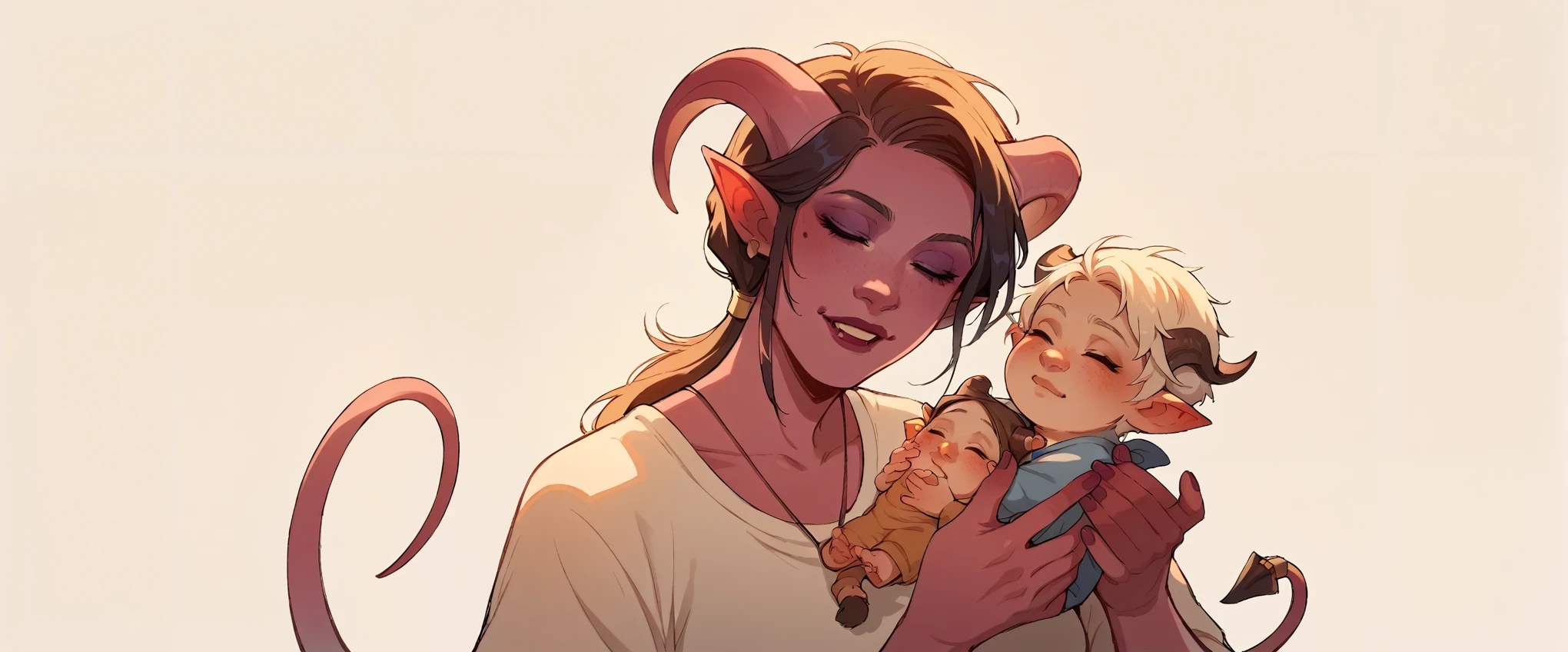 score_9, score_8_up, score_7_up, score_6_up, sw4p, 1girl, Tiefling woman holding a baby, mother and , tiefling horns, tiefling tail, simple background, elixolsn, motherhood, tender scene