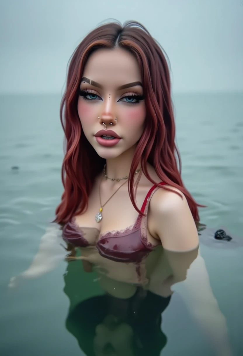 1girl, solo, long hair, blue eyes, water, auburn hair, looking at viewer, lips, partially submerged, wet