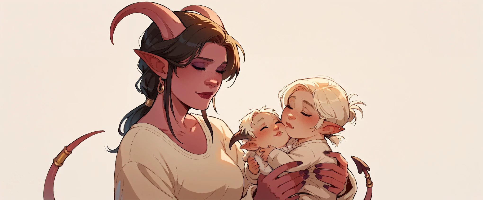 score_9, score_8_up, score_7_up, score_6_up, sw4p, 1girl, Tiefling woman holding a , mother and , tiefling horns, tiefling tail, simple background, elixolsn, motherhood, tender scene