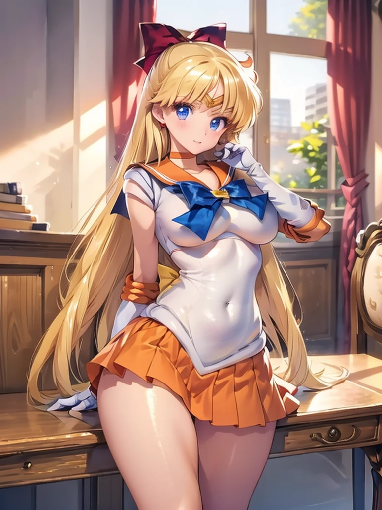 masterpiece、High resolution、high resolution、4K、8k、(((Stretch your legs and rotate your hips、Big Breasts、Exposing the breasts)))、((Shiny underwear)))、Sara Warrior Uniform、Beautiful beauty、Golden Hair、((whole body))、(((Photo taken from below)))、School、classroom、Large Breasts、Big Breastini skirt、Panties are black、Japanese、tall、Long limbs、18-year-old、Minako Aino、A beautiful nose like a model、Put your hands on your hips、Natural smile、Sexy pose、Hairstyle: Long hair、Beautiful belly button