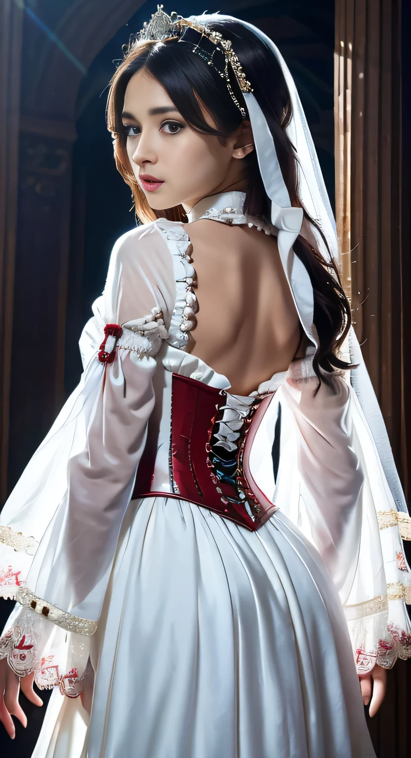 ((Very detailed CG ユニティ 8k 壁紙)), masterpiece, Very detailed, floating, High resolution, Sexually suggestive, (small, Extremely long white hair, Princess, White Mage, blue eyes, (It has long, wide sleeves and intricate embroidery.、A gorgeous layered long dress in white and red with a sheer look), Bridal Veil, Circlet, Bridal Gauntlet, blush, shy, arched back, Frilled petticoat, Glamorous corset,