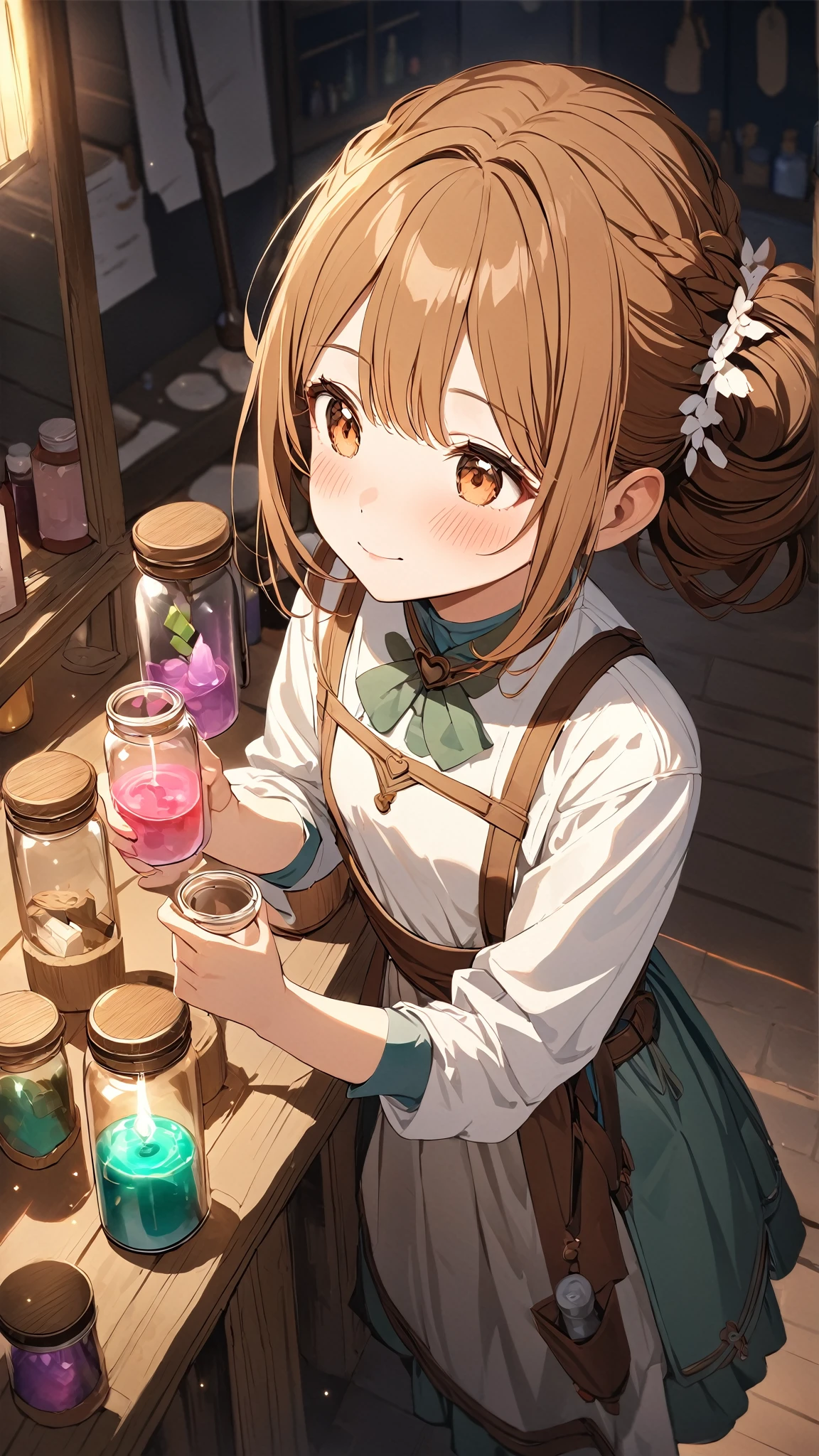 anime girl in a kitchen with fruit and jars, alchemist girl, highly detailed exquisite fanart, in a potion shoppe, high detailed official artwork, violet evergarden, she is in the potions workshop, by Ayami Kojima, clean detailed anime art, by Yamagata Hiro, by Yoshihiko Wada, dreamy and detailed, apothecary, detailed fanart