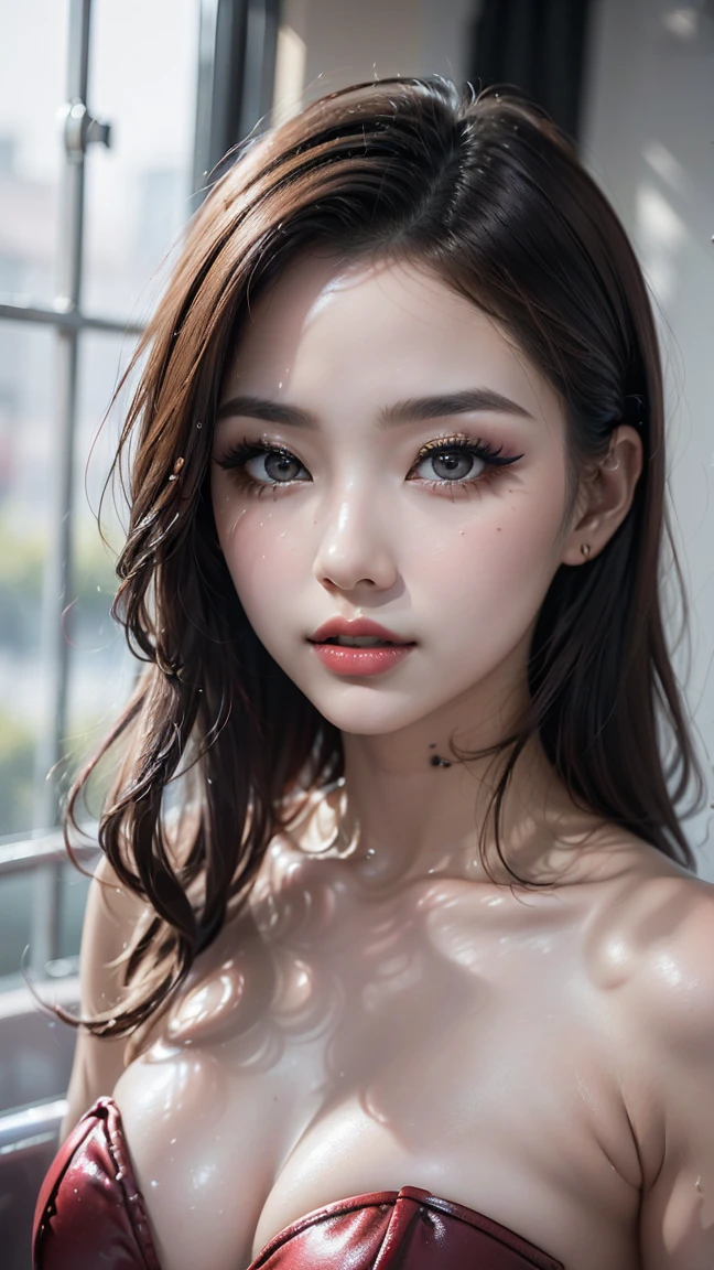 ((No NSFW)), Photorealistic, masterpiece, photorealistic, high resolution, soft light, shadow not dark, super detail, curvy body, hips up, fair and clear shin, white milky skin, blue eyes, long hair, jewelry, cool style. The camera shows detailed definite face and eyes and eyebrows and nose and lips and mouth and body and breasts and areolas and nipples and belly and groin and vulva and thighs and crotch, Finely detailed eyes and face, Beautiful detailed eyes, big eyes, no catchy light in eyes, beautiful detailed face, no shadow of philtrum area. (body horror: -0.5), (biomachine: 1.0), (bloody: 0.0), living being, (colorful: 1.2), cranium basher. Red lips. DiABLO 2, Female Druid.