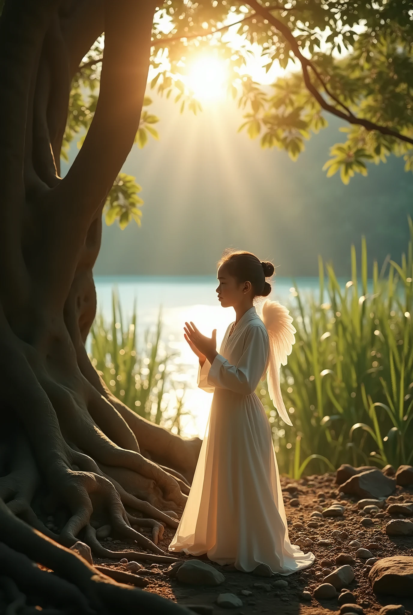 A beautiful white young Indian girl aged 20 years wearing white dress with very long thick black hair braided and her head covered with veil praying to God on her knees with her hands and no ornaments wearing with a background of shining clouds with thunders naturally 
