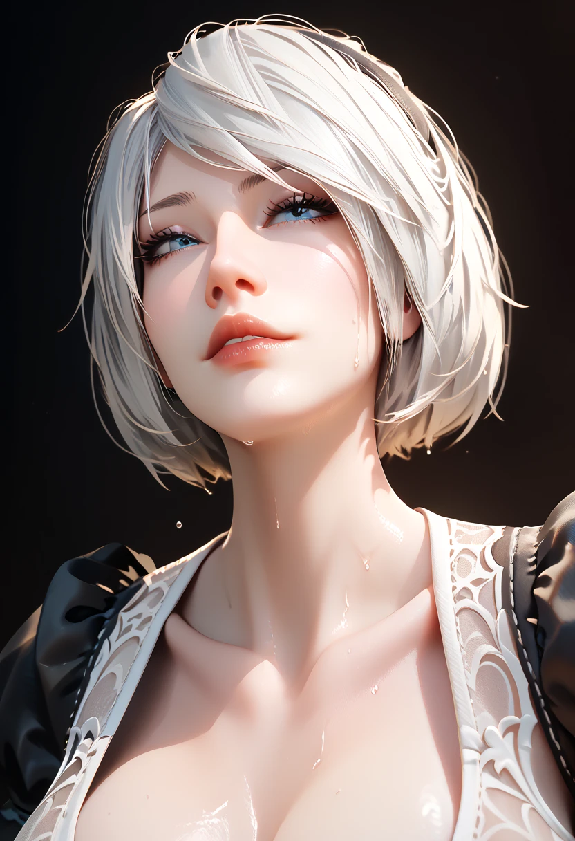 Nyl2 style, yorha 2b (Nier Automata) and SpongeBob (SpongeBob SquarePants), very lean, perfect face, sexy lips, sexy female, thicc، cleavage, sweat, huge round ass, high close shot of skin, structured face, full body, 