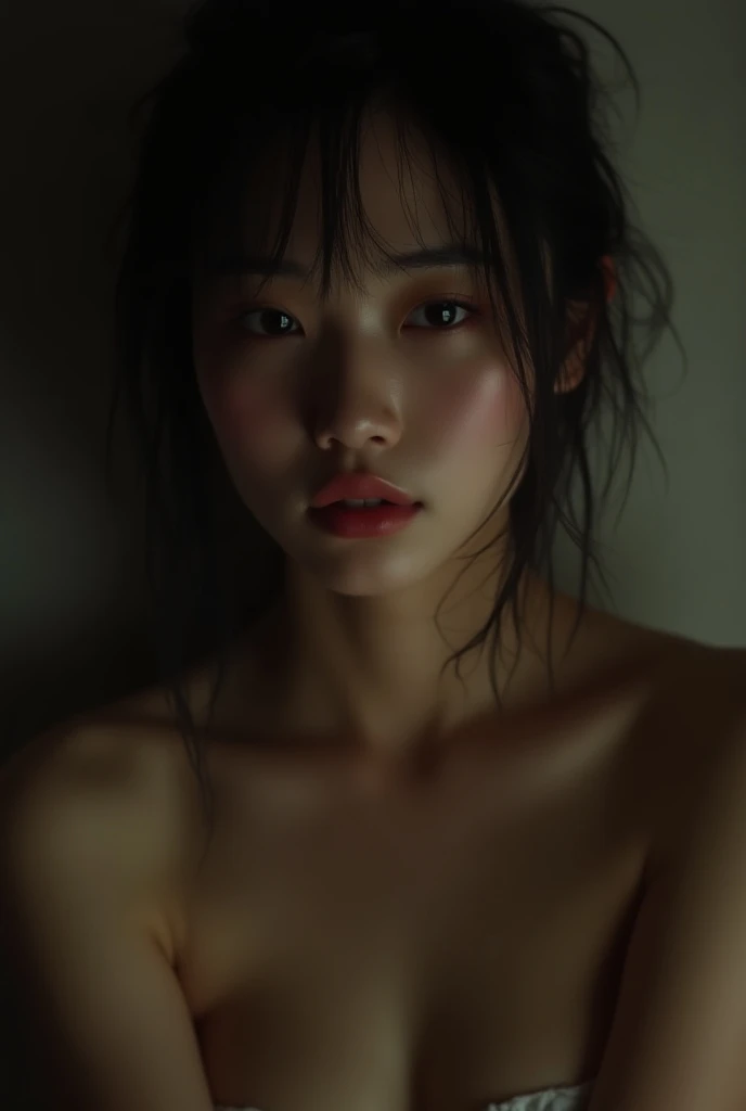 Real-life person Instagram picture of a beautiful Thai women,pale skin, dimly lit, shade, flustered, blush,breasts size C , highly detailed,young women,black hair,Chest size A,realictic,high quality,high detail,shiny skin,look at view,smile,petal,(tears in eyes),((streaming tears)), ((hand wiping tears)),(masterpiece,best quality:1.5),((full body)),post random,smile,night,random posting,Cafe, A woman wearing a towel is very wet,using a IPhone 13 to take a mirr
