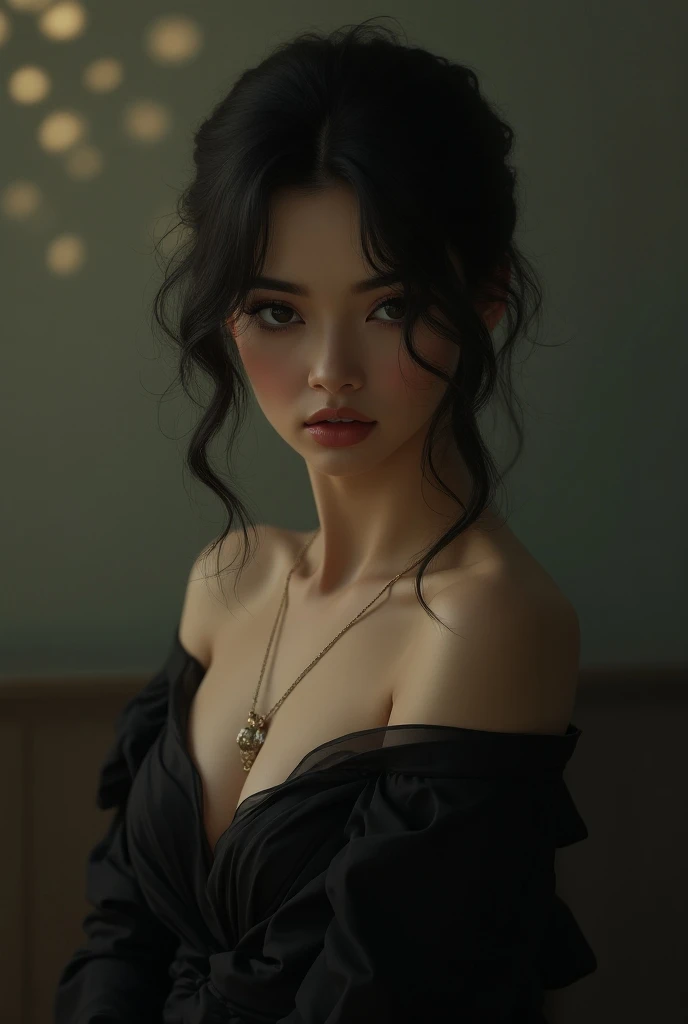 masterpiece, best qualitiy, RAW photos, realisticlying, A high resolution, hyper-detailing, Focus on the face, looking at viewer, Detailed eyebrows, realistic beautiful eyes, realistic glossy skin, straight Bangs, realistic movie lighting, detail shaded, high contrast, Slender, big boob, Big breasts, Exposed cleavage, open mouse, nsfw, Sexy face, Facial expressions when receiving pleasure, ((Dark background))