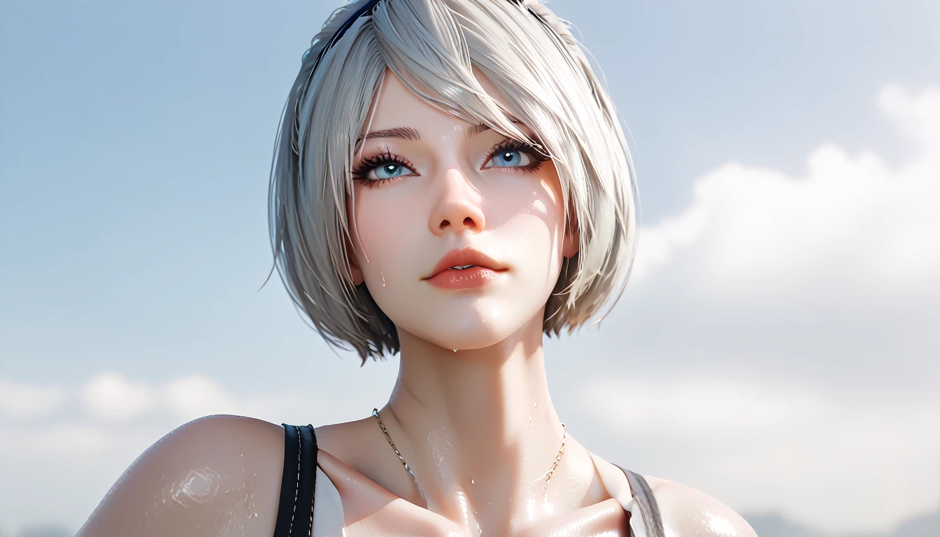 Nyl2 style, yorha 2b (Nier Automata) and SpongeBob (SpongeBob SquarePants), very lean, perfect face, sexy lips, sexy female, thicc، cleavage, sweat, huge round ass, high close shot of skin, structured face, full body, 