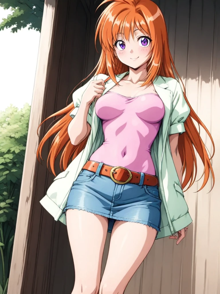 masterpiece, best quality, SaekiRuruna, 1girl, solo, long hair, orange hair, purple eyes, medium breasts, antenna hair, smile, blush,pink shirt, covered navel, jacket, short sleeves,open clothes, belt, miniskirt, denim skirt, outdoor,