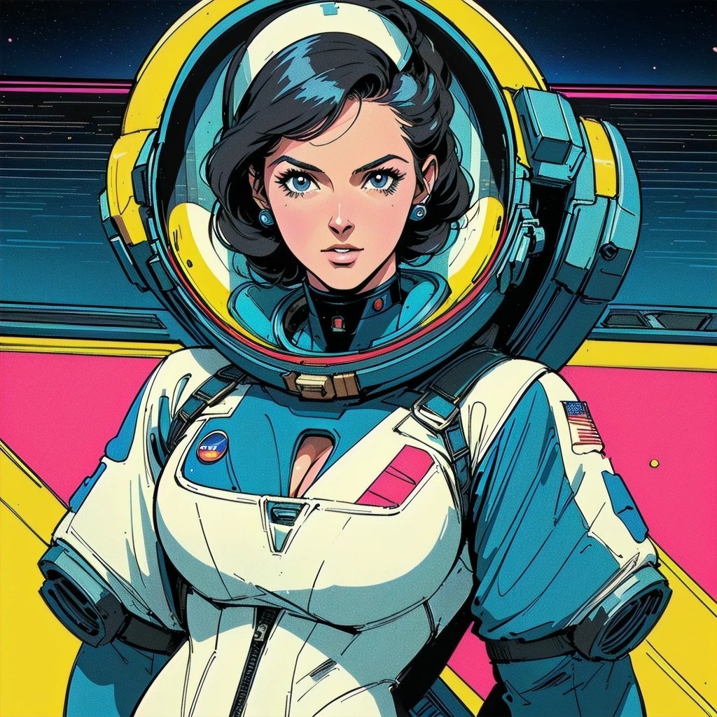 ((( Best Quality Masterpiece ))),(((Absolutely one woman))),(spacesuit that emphasizes cleavage ),((( 70s and 80s space thriller movie posters))),( American Comics ),((( retro vintage style ))),Overwhelmingly complex depiction,Absolute machine group background, futuristic cyberpunk ,Extremely accurate and delicate depiction,