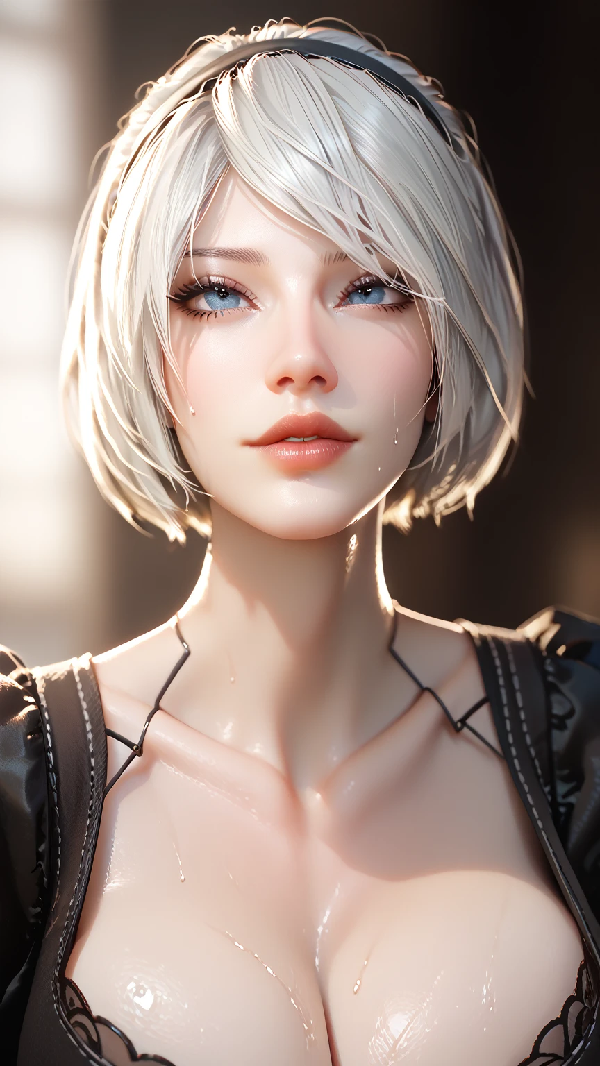 Nyl2 style, yorha 2b (Nier Automata) and SpongeBob (SpongeBob SquarePants), very lean, perfect face, sexy lips, sexy female, thicc، cleavage, sweat, huge round ass, high close shot of skin, structured face, full body,