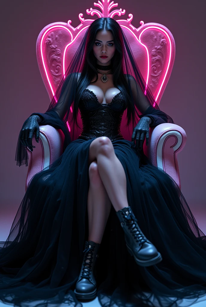 photorealistic of "holographic image" in glowing shape of full body girl, dark goth bride wearing black tulle veil in steampunk style, sitting in a throne, crossing legs,provocative pose stance,hi-res highly detailed, intricate, psychedelic gradient multi-color