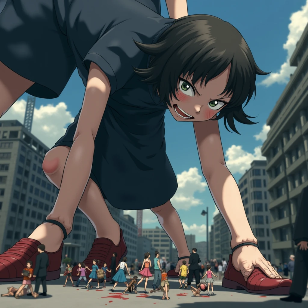  Giant Girl's Low Perspective .  The girl looks down mockingly at the cityscape、 The Girl Is Looking Down at Buildings ,  emphasizes the ratio of size to the city 、It highlights her size . Small person々 is crushed under her feet ,  blood splatters on her shoes 、 smirking 、 bright 、live-action、 Japanese、、A large number of people々、少女から逃げるA large number of people々