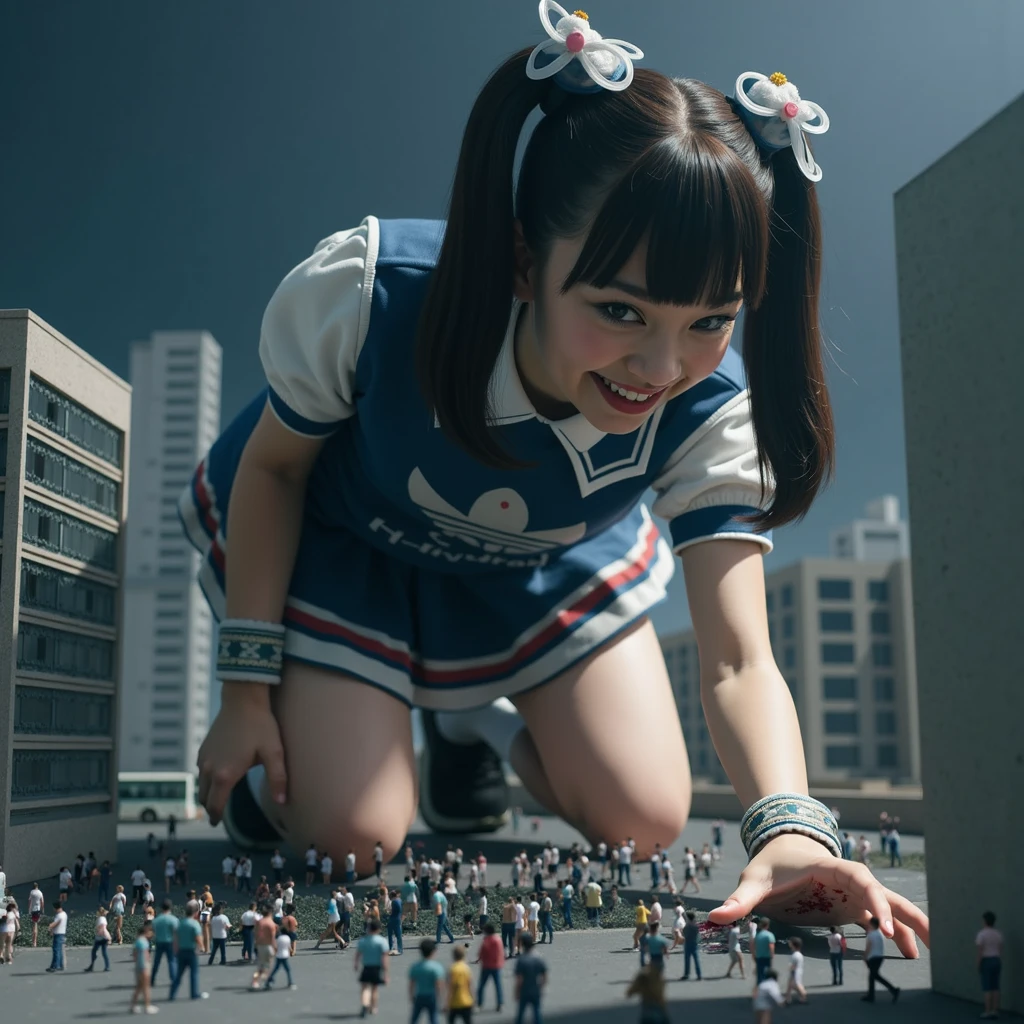  Giant Girl's Low Perspective .  The girl looks down mockingly at the cityscape、 The Girl Is Looking Down at Buildings ,  emphasizes the ratio of size to the city 、It highlights her size . Small person々 is crushed under her feet ,  blood splatters on her shoes 、 smirking 、 bright 、live-action、 Japanese、、A large number of people々、少女から逃げるA large number of people々