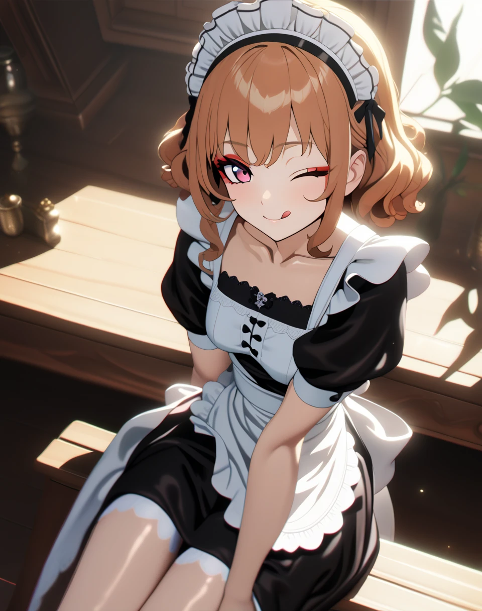 Tatsumaki, 1girl,solo,maid, side smile, collarbone ,maid headdress,looking at viewer,apron,indoors,depth of field, sitting on table, legs, stockings, big 
wink, one eye closed, playful smile, tongue out,, masterpiece, best quality, absurdres, highres, 4k, ray tracing, intricate details, highly detailed, (1girl:perfect face, cute, small breasts, long ginger hair, petite) Highqlb:perfect mouth, makeup screenshot, perfect jaw, good fortune hinge