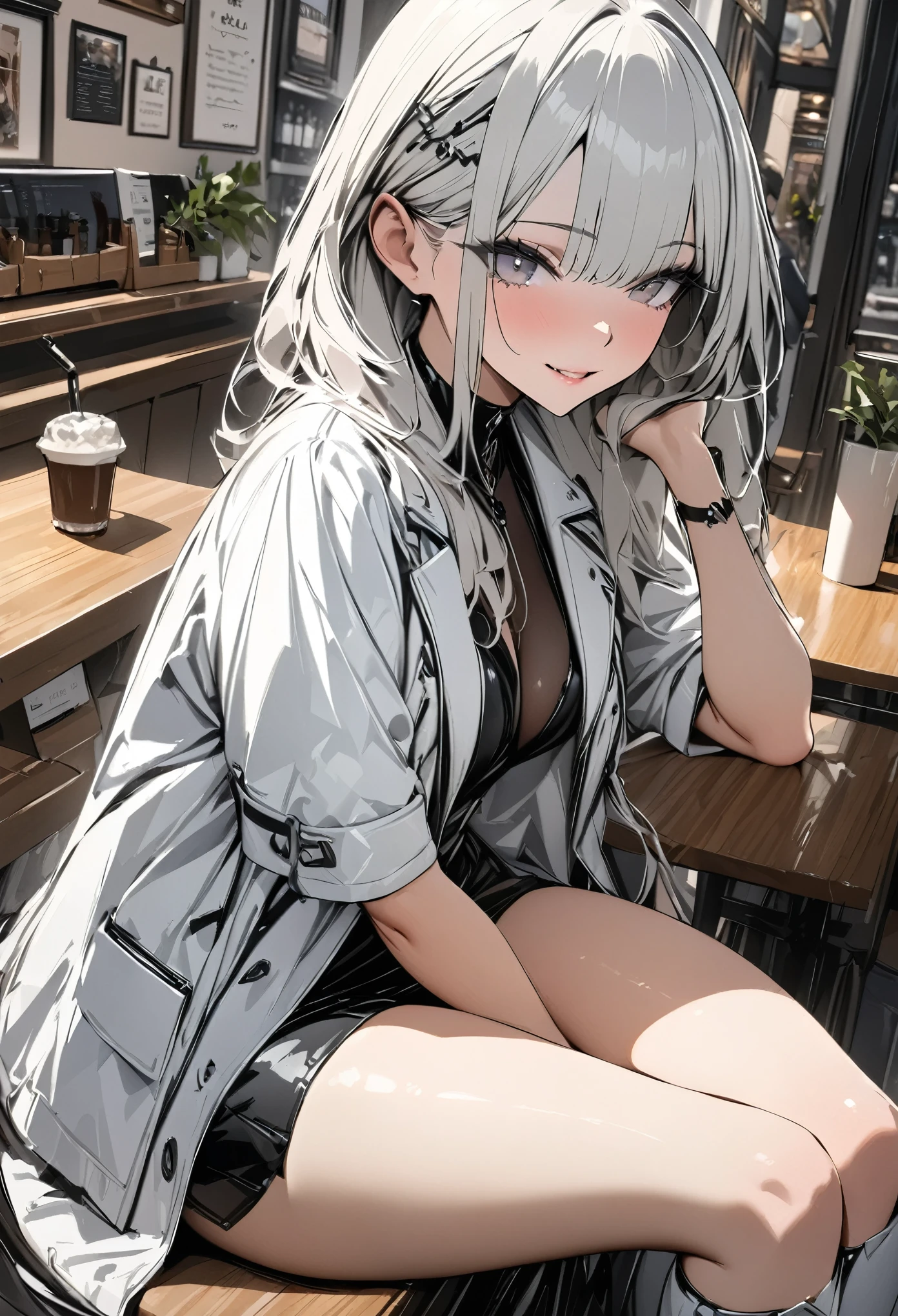 (masterpiece, best quality :1.2,UHD,High Resolution,Detailed depiction)、 dating an adult older sister、 sexy lips、Eyes draw beautifully 、White jacket、 Black Tight Miniskirt 、White knee-high boots、Take a picture so that the whole body is inside、 sitting cross-legged and waiting at a cafe